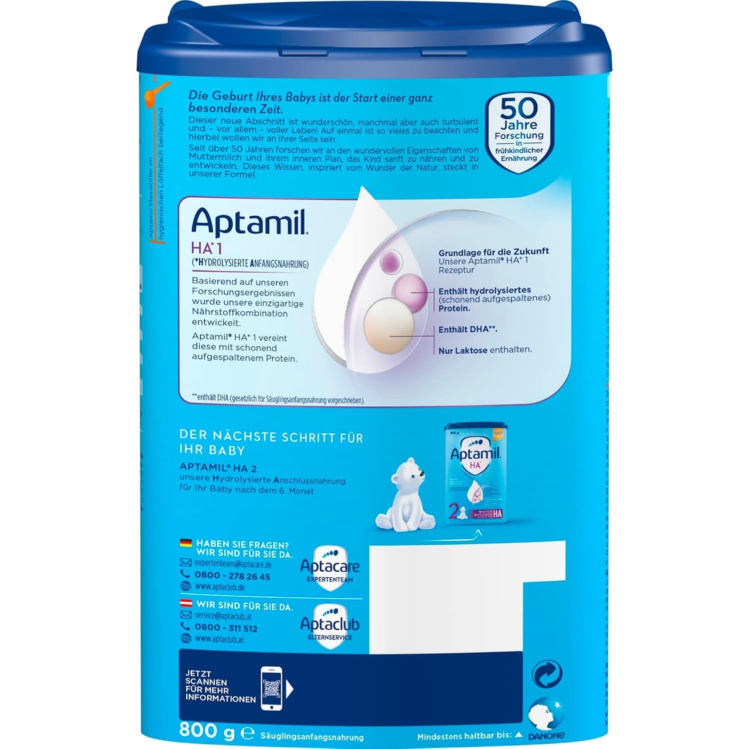 Aptamil HA 1 – Anfangsmilch von Geburt an, Mit DHA, Nur Lactose, Ohne Palmöl, Babynahrung, Milchpulver, 1x 800 g (Packung mit 4)