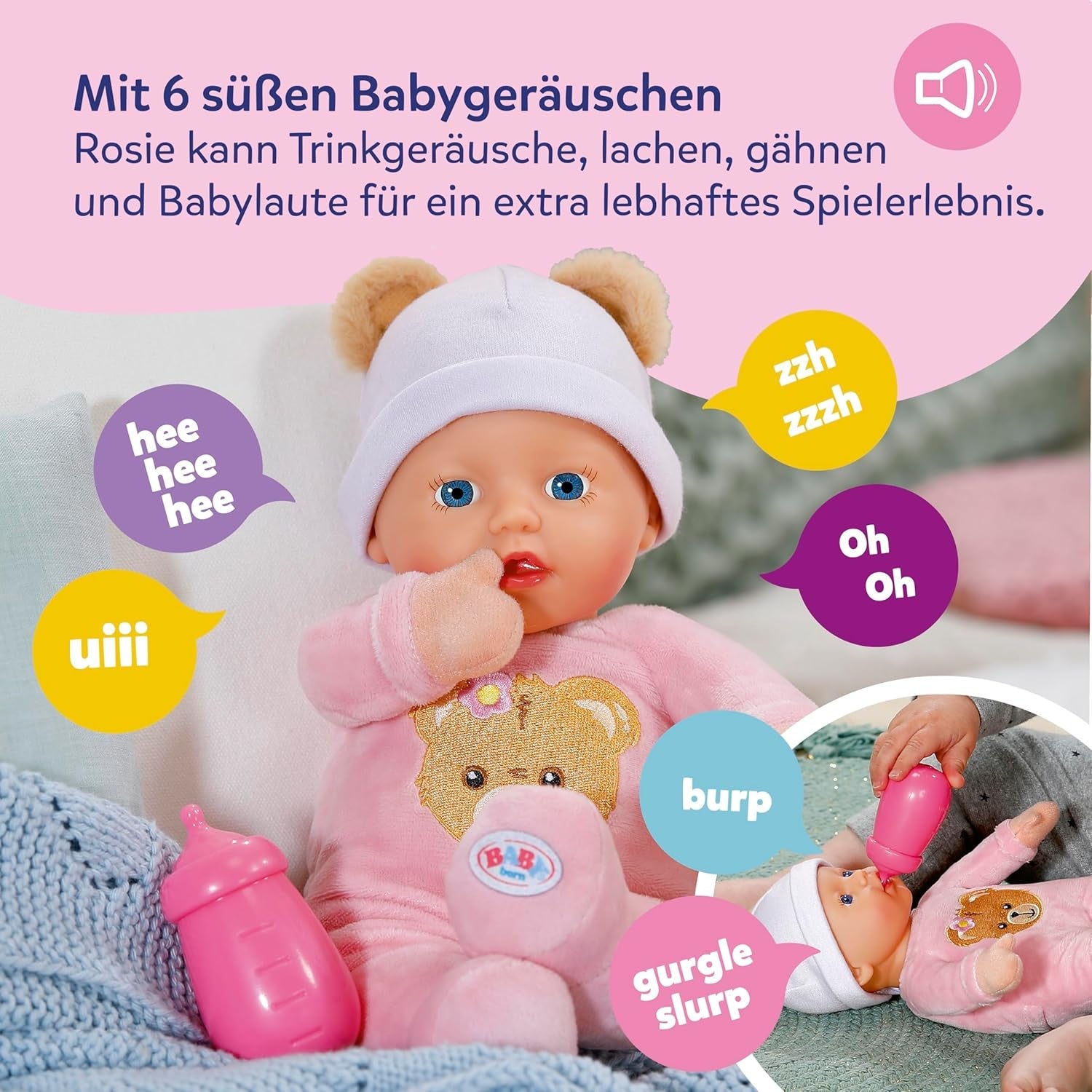 Baby Born Rosie mjuk docka 30 cm med 6 ljud och flaska, rosa