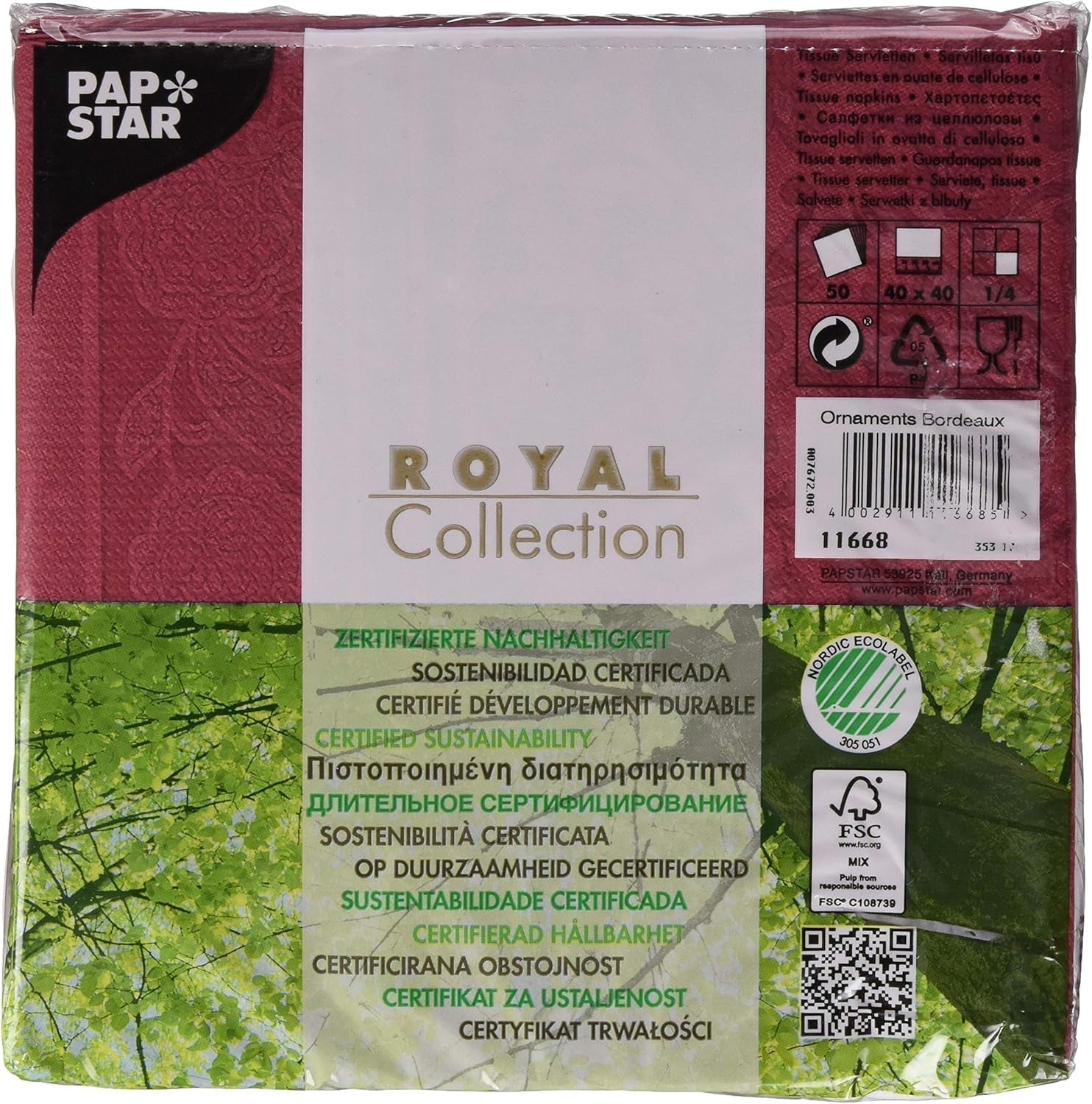 50 servetter "ROYAL Collection" 1/4-faldig 40 Cm X 40 Cm Bordeaux "Ornaments"