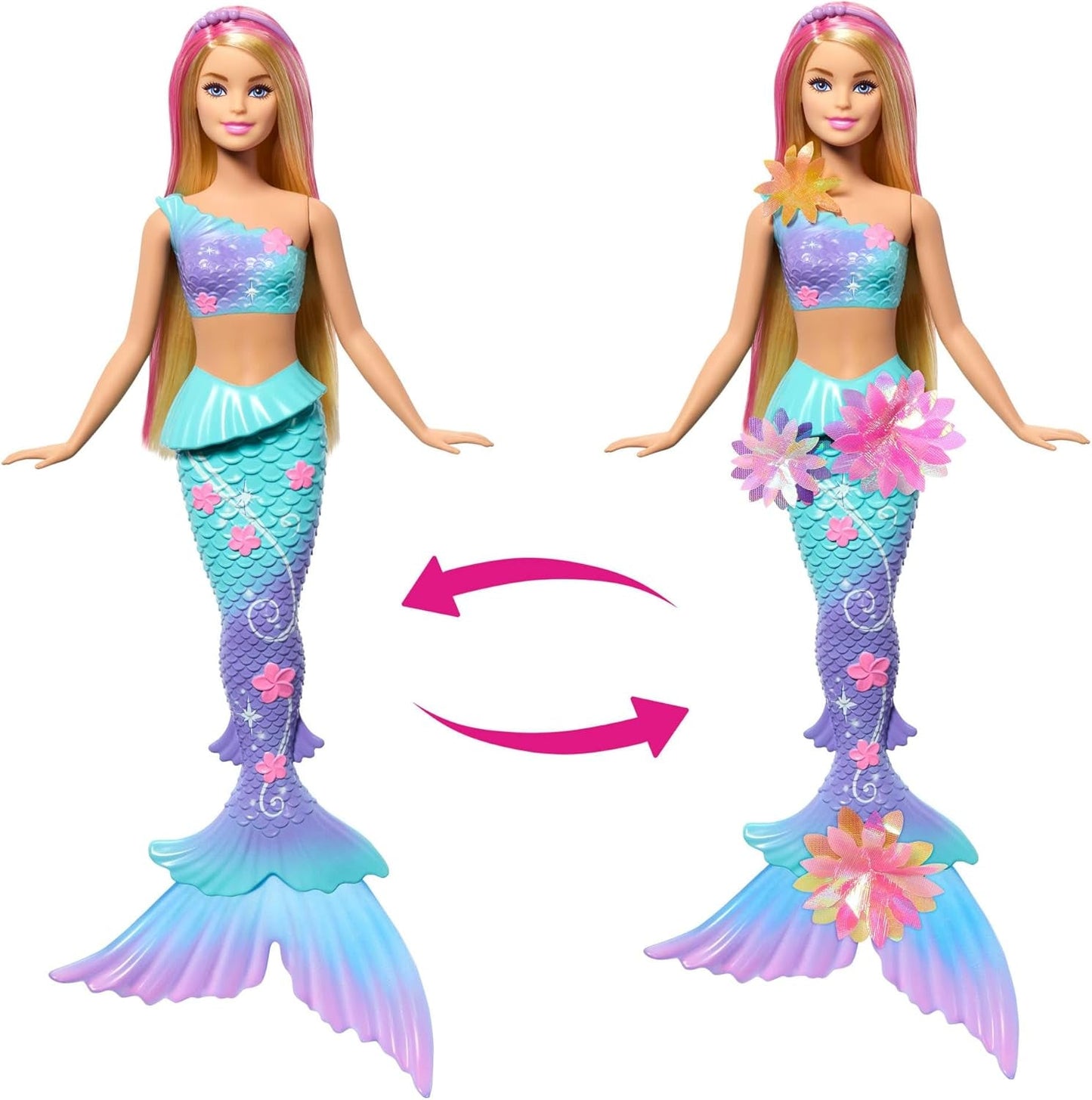 Barbie Meerjungfrauen-Spielzeug Puppe mit magischer Überraschungs Blüte, Schwanzflosse mit Farbverlauf, perlenbesetzten Haarreif och långa blonda Haar med rosa Strehchen, JDM72