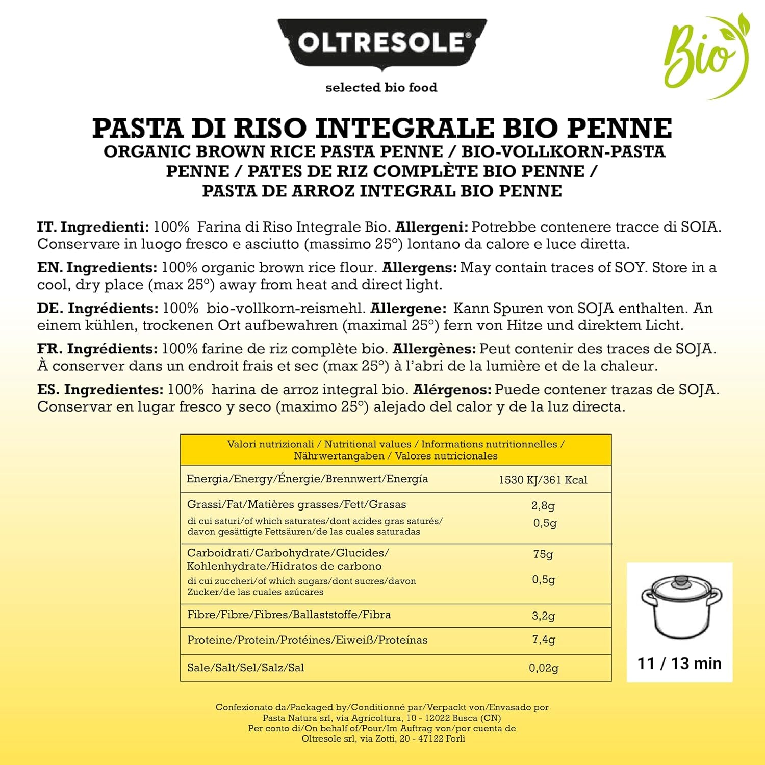 - Paste di Riso Integrale Biologica Italiana Glutenfri, Penne Format - glutenfri pasta, 100 % ekologiskt rismjöl, fiberrikt, veganskt, förpackning med 3 förpackningar om 350 g