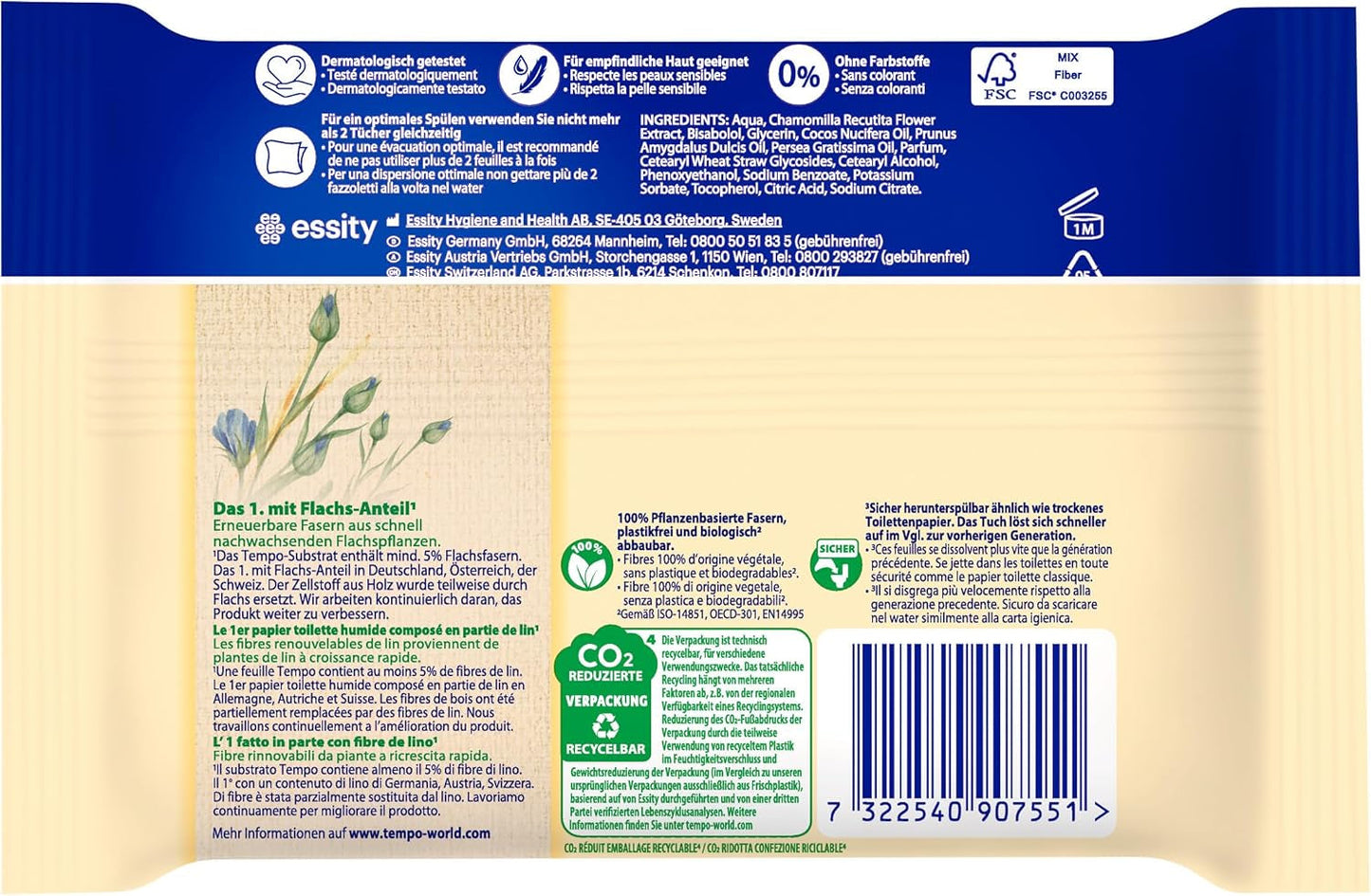 Tempo "Gentle & Caring" toalettservetter - Megapack - 16 paket med 42 våtservetter - Duo Pack - med naturlig kamomill - toalettpapper, dermatologiskt testad och neutral mot hudens Ph