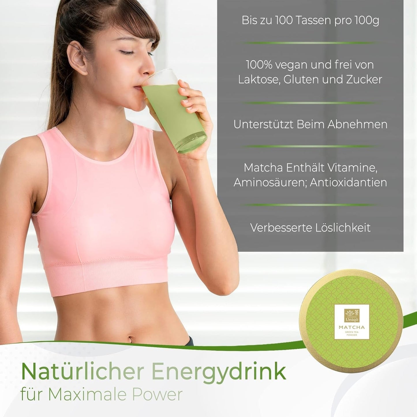 Uniqo Matcha tepulver 200 g i påfyllningsbar ekologisk förpackning
