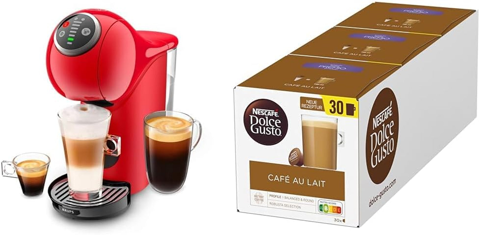 Krups KP3405 NESCAFÉ Dolce Gusto Genio S Plus Kapselmaskin, Espresso Boost, temperaturval, varma och kalla drycker, 15 bars pumptryck, 0,8 l vattentank, 1 500 watt, färg röd med Café au Lait