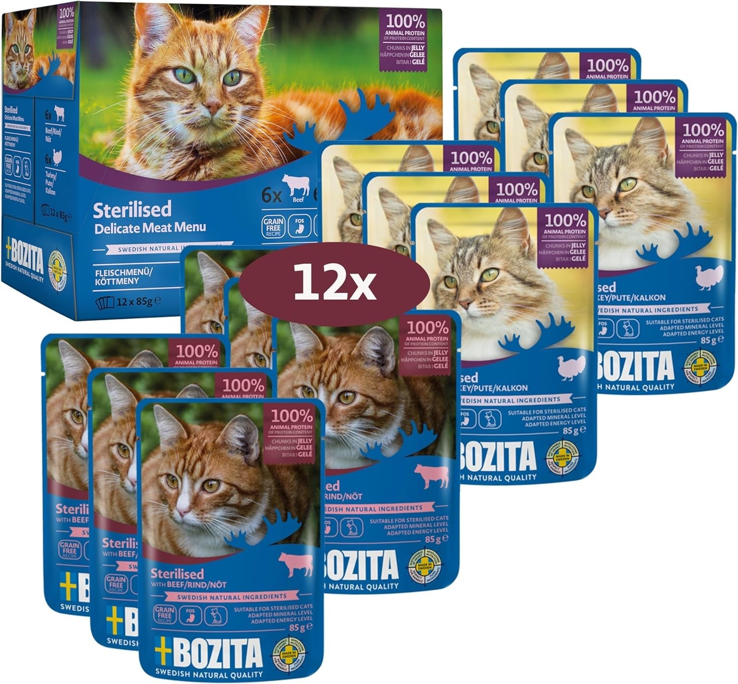 Bozita Sterilized Nassfutter Häppchen in Gelee mit Fleisch - 12x85g Portionsbeutel getreidefreies & weizenfreies Futter für Katzen - Katzen Nassfutter med 8,5 % protein & 3,5 % fetthalt