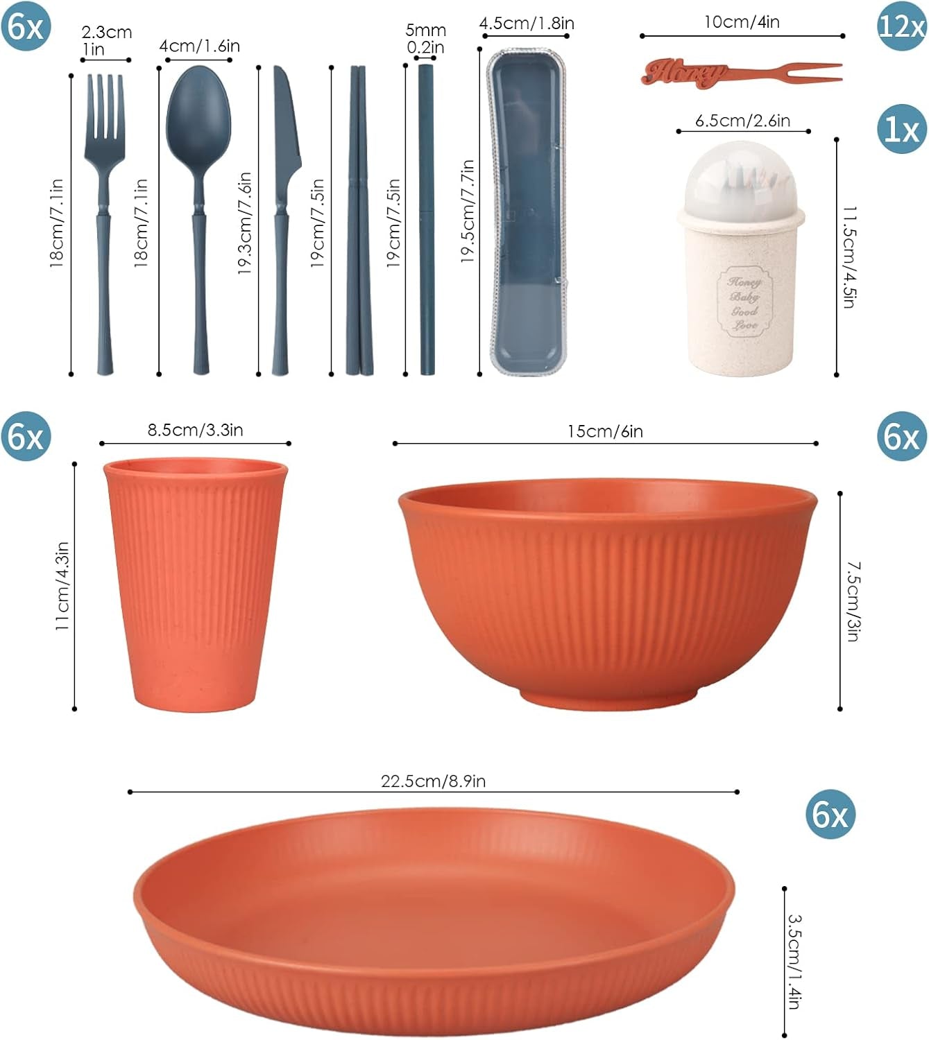 Oförstörbart 6-personers bestickset Campingbestickset 66 delar plast picknickbestickset Lättvikts färgglada BBQ Plast portionstallrikar Skålar Bestickset