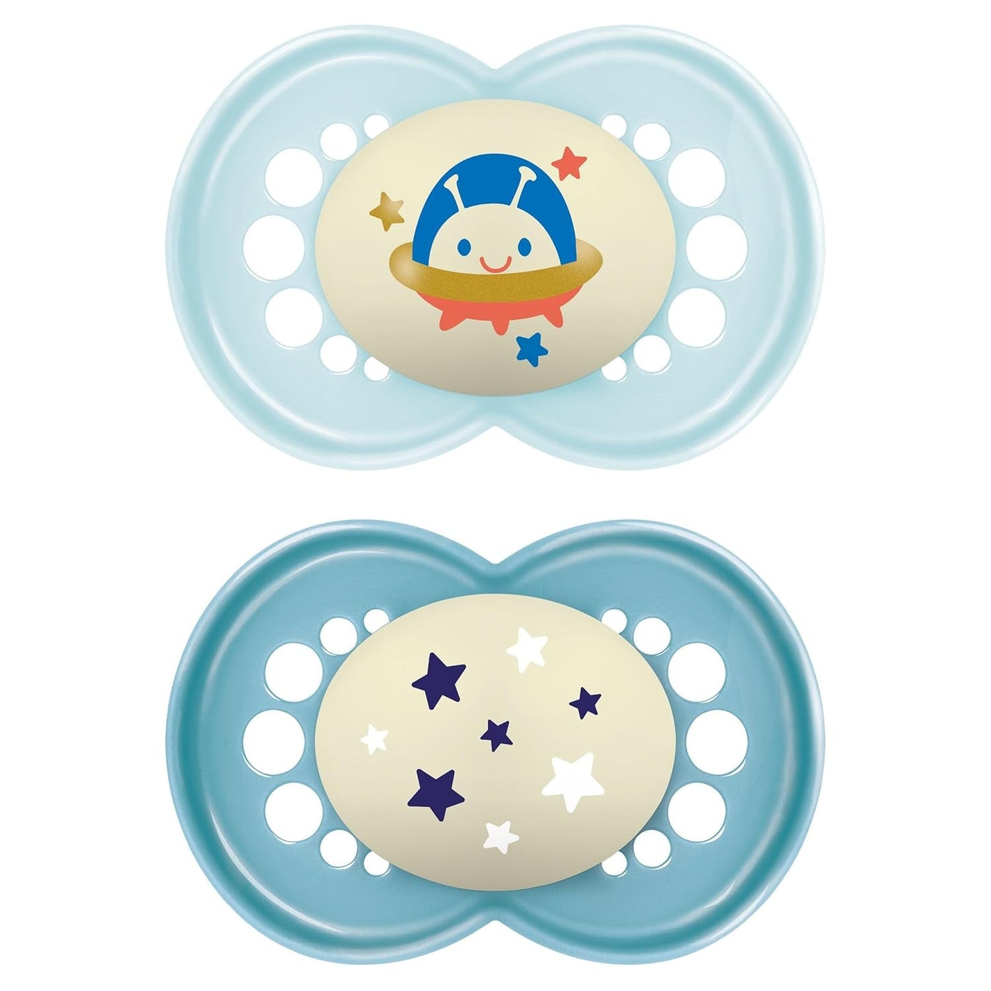 MAM Napp 6+ månader (2 Pack) MAM 6-16 Months Glow in the Dark med gumminapp, 2 Pack med steriliserande napphållare, Ljusblå/Ljusblå