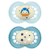 MAM Napp 6+ månader (2 Pack) MAM 6-16 Months Glow in the Dark med gumminapp, 2 Pack med steriliserande napphållare, Ljusblå/Ljusblå