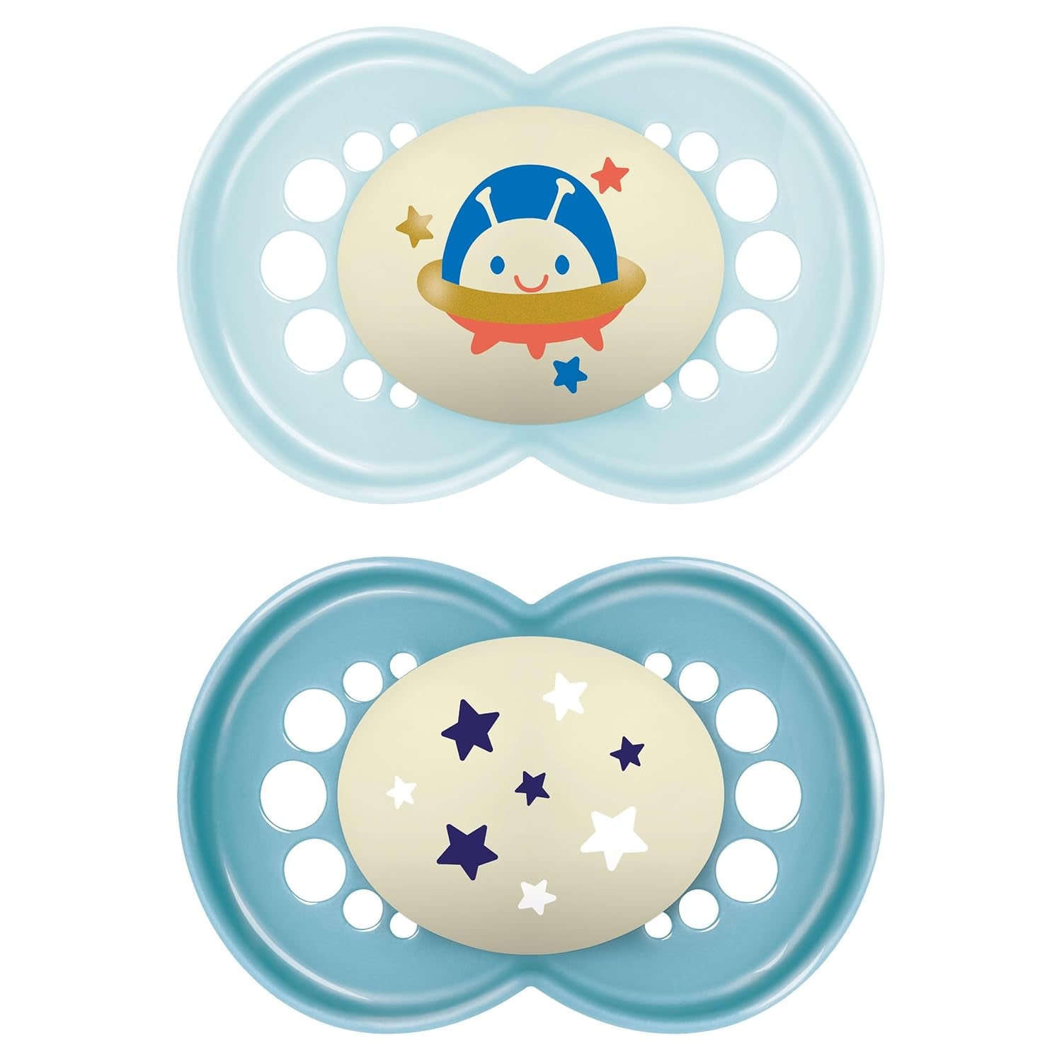 MAM Napp 6+ månader (2 Pack) MAM 6-16 Months Glow in the Dark med gumminapp, 2 Pack med steriliserande napphållare, Ljusblå/Ljusblå