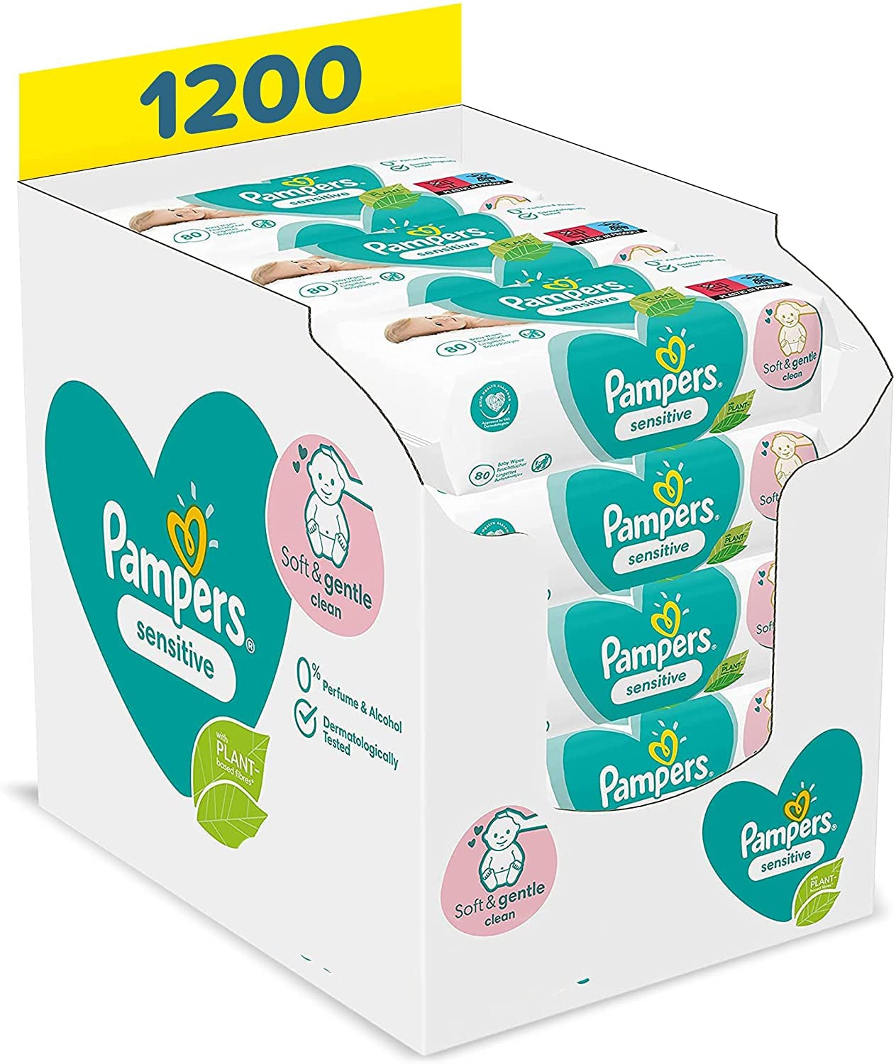 Pampers Sensitive Flip Advanced 4-i-1 bärsele med haklapp och våtservetter, 1200 våtservetter (15 x 80) för bebisens känsliga hud, dermatologiskt testad, nyfödda basprodukter