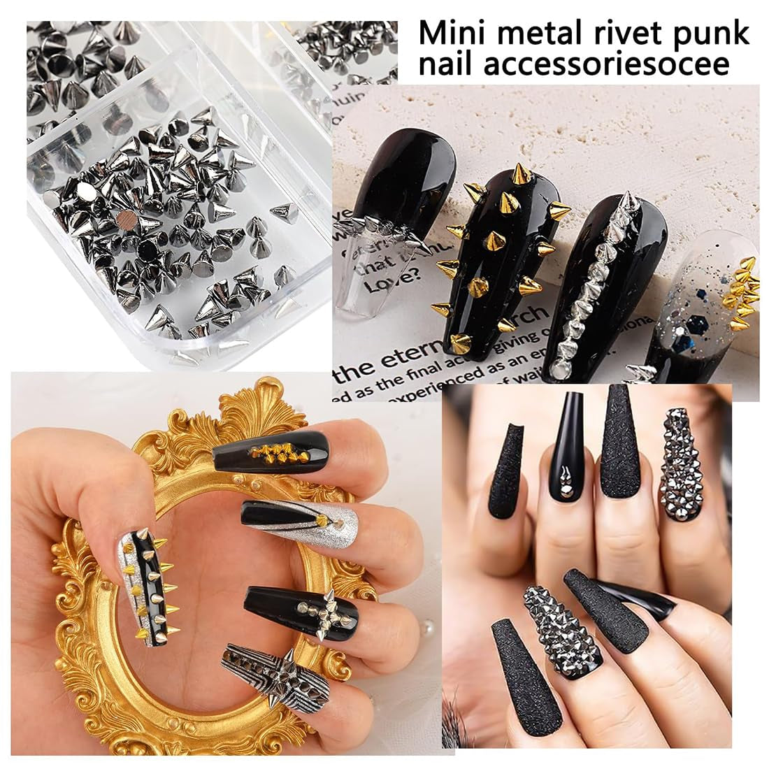 Mini Metall Nieten Punk Nail Charms Guld Silber Strasssteine ​​Nägel Charm Kegel Spikes Nagelschmuck Glitzersteine ​​Nail Art Studs Nagel Steine ​​Legierung Nagelanhänger Rhinestones Nageldesign Zubehör