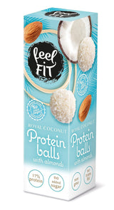 Sockerfria kokospraliner med mandel, feel FIT, utan tillsatt socker, 17% protein, 63 g