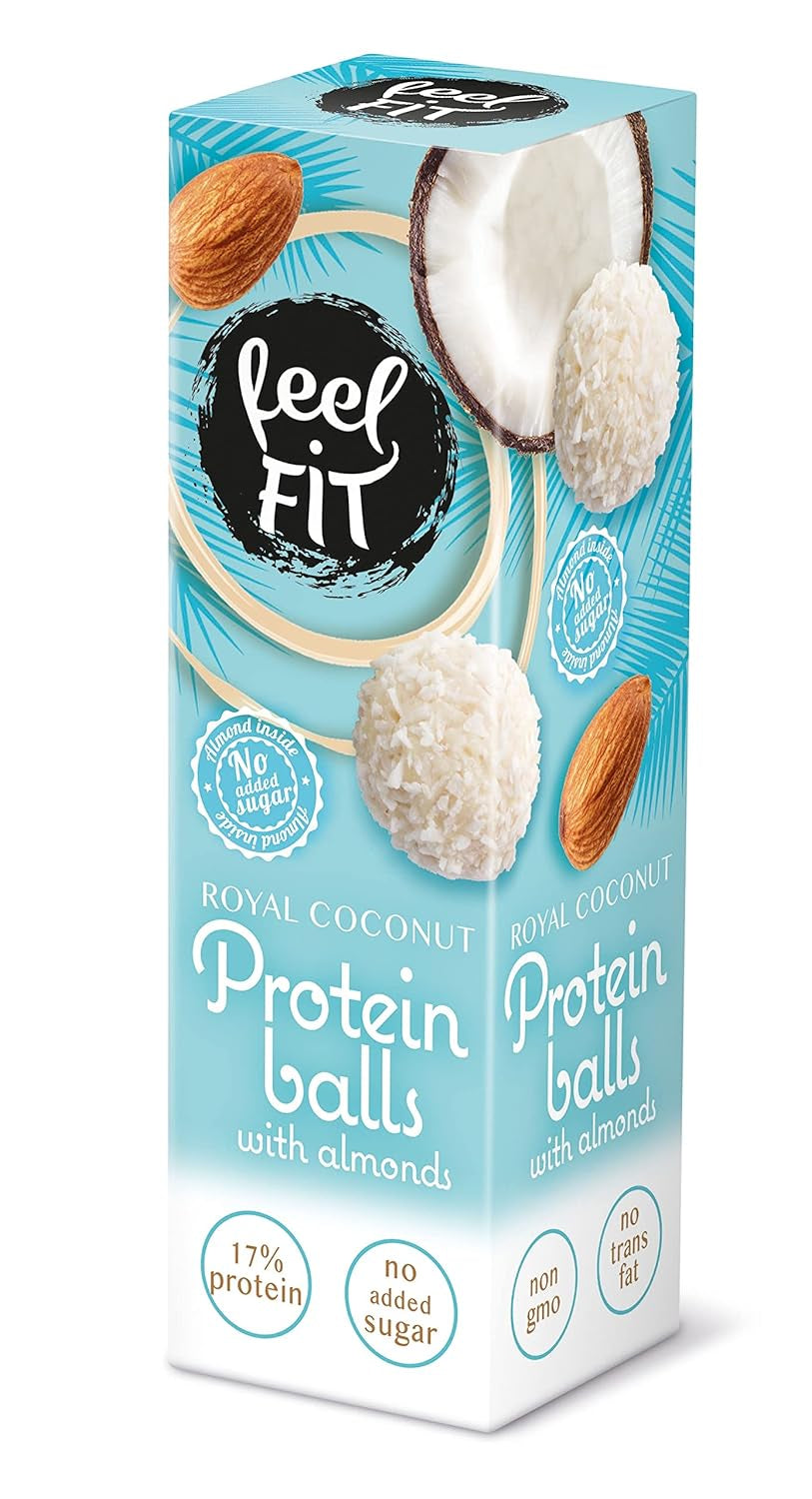 Sockerfria kokospraliner med mandel, feel FIT, utan tillsatt socker, 17% protein, 63 g