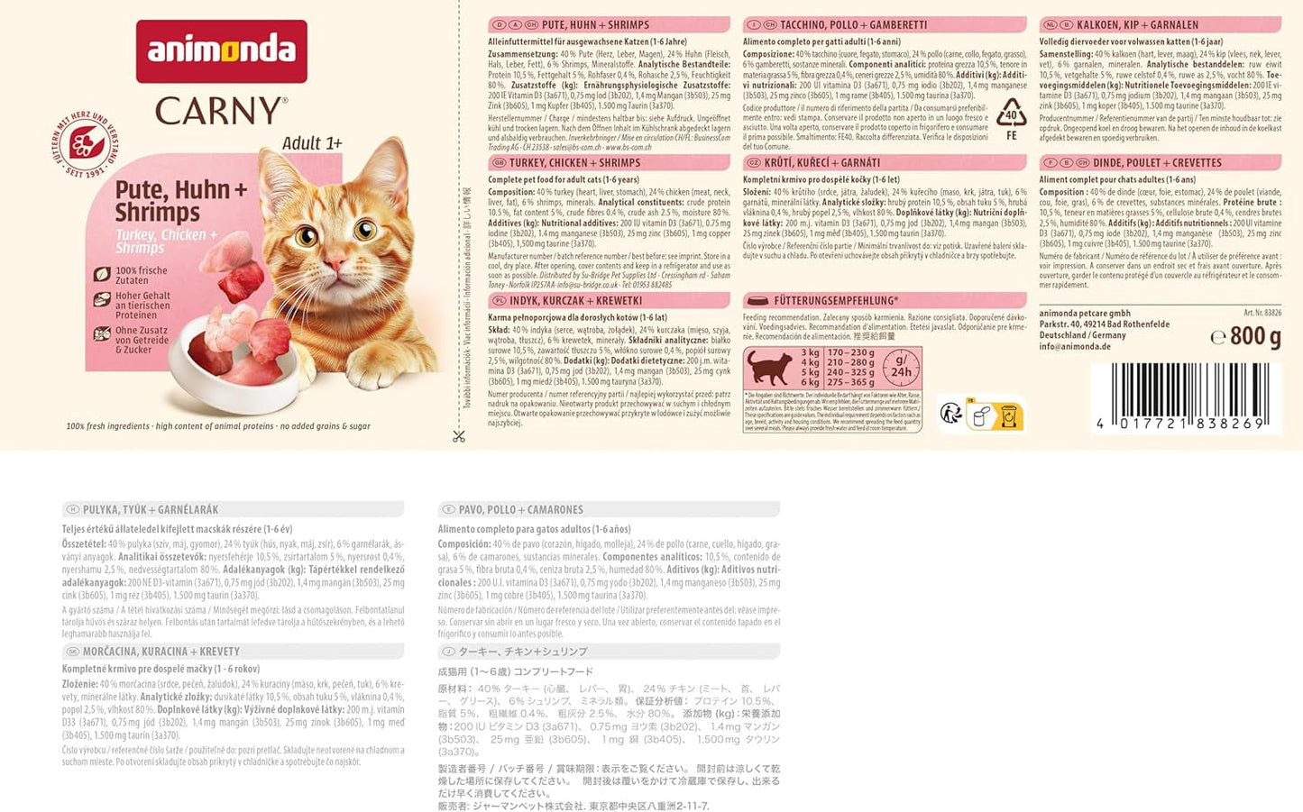 Animonda Carny våt kattmat kalkon + kyckling + räkor (6 x 800 g), spannmålsfri, sockerfri våtfoder med färska köttingredienser