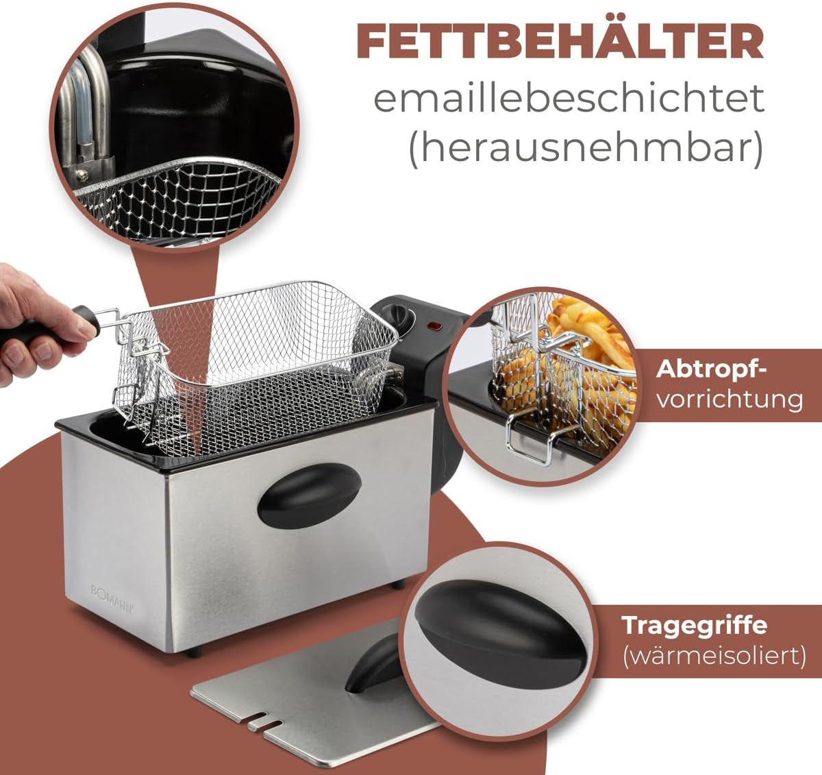 Bomann® oljefritös, 3L kapacitet, Cool Zone Technology och avlopp, 2000 W hushållsapparater Naty Shop