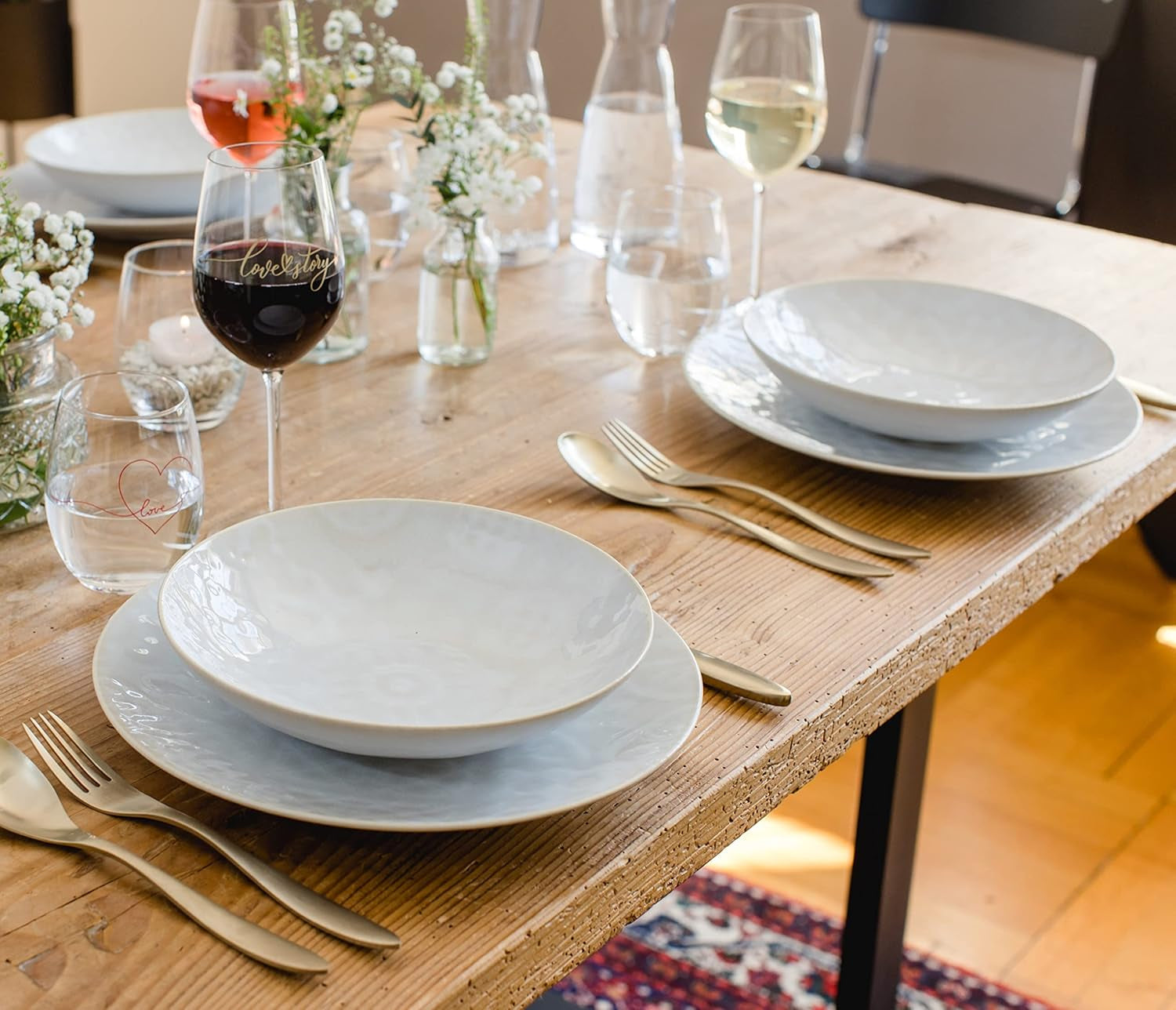 MÄSER 935079 Modern vintage servisset för 2, morisk design, 8-delad bordsservering, högkvalitativa keramiska tallrikar och skålar, stengods, vit
