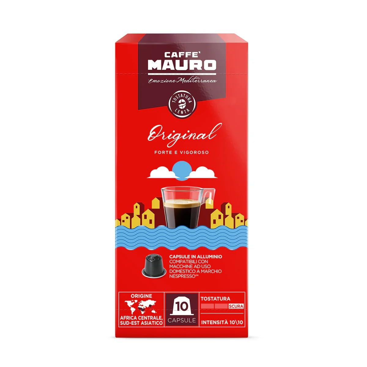 Caffè Mauro Torrefazione Kaffeekapseln Espresso Original, Intensität 10/10-50 Kapsel aus Aluminium - Kompatibel med Nespresso* Haushalts-Espressomaschinen - Hergestellt i Italien