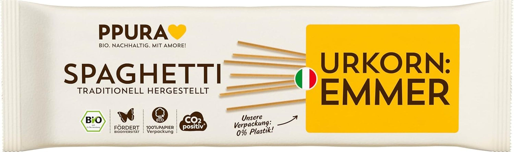 PPURA Ekologisk Spaghetti Pasta med Emmer 500g, 100% naturlig emmer Spaghetti, tillverkad i Italien - Italiensk pasta utan tillsatser, färgämnen eller konserveringsmedel