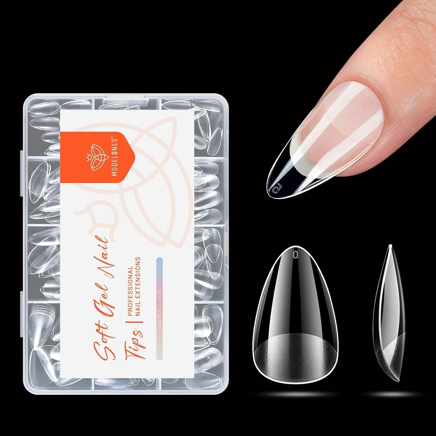 Modelones Nail Tips 216 bitar - Heltäckande Nail Tips Set, Soft Gel Tips Set, Pre-Polishing PMMA Resin Nail Tips, DIY Lime On Nail Art konstgjorda naglar, korta mandlar XS