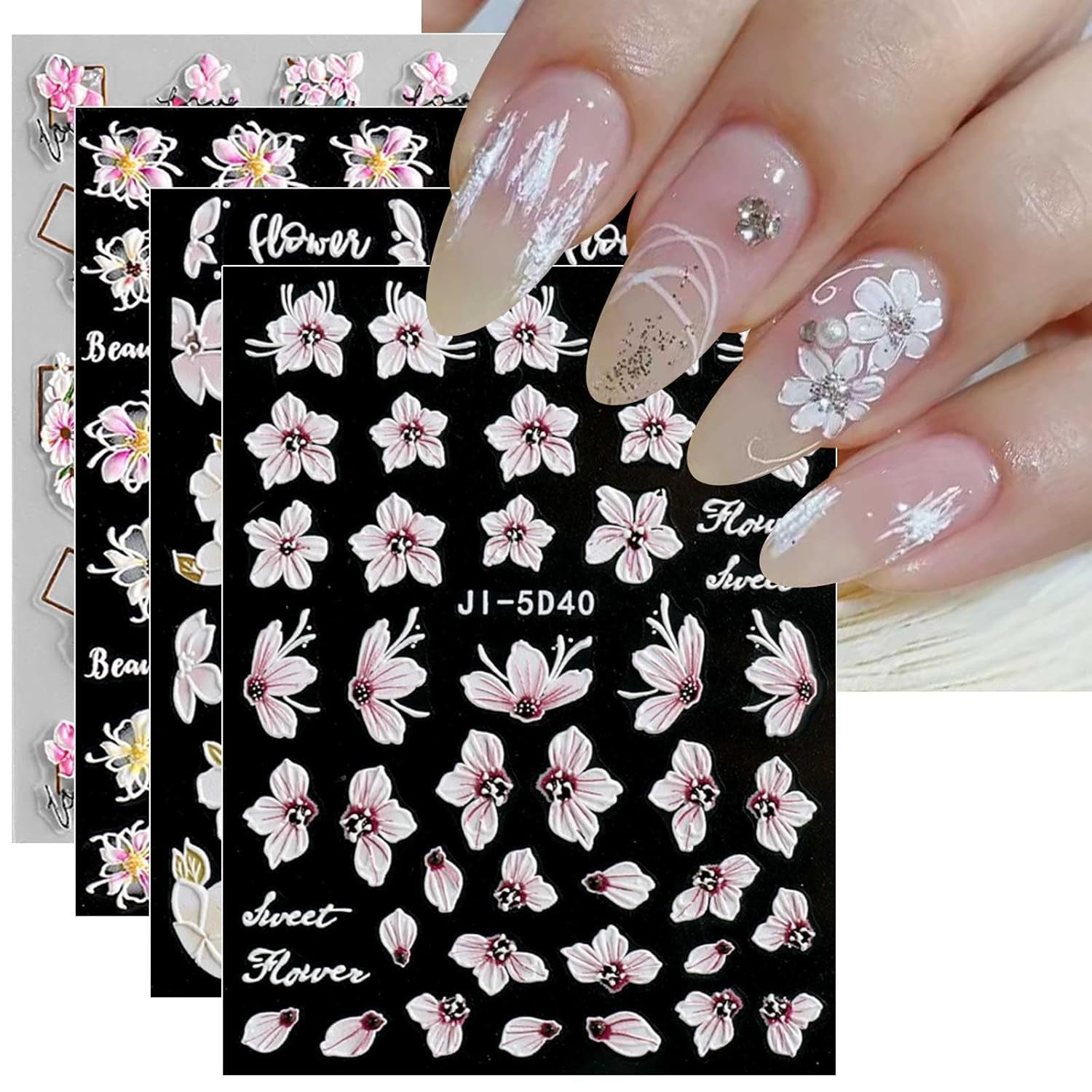 JMEOWIO 3D Nagelsticker Frühling Blume Nail Art Sticker Selbstklebend Nagelaufkleber 5D Stereoskopisk Buntes Sommer Blumen Dekoration Nageldesign Zubehör 4 Blatt