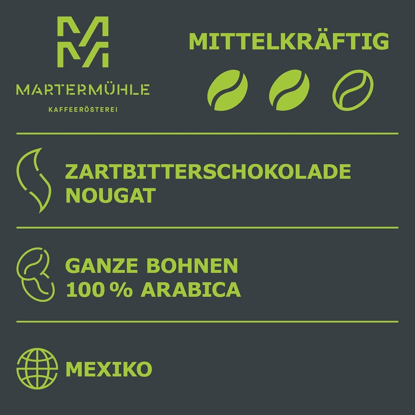 Martermühle Mexiko Bio Espressobohnen entkoffeiniert 1kg mittelkräftig I Arabica I Smak: Nougat, Zartbitterschokolade I Ganze Bio Espresso-Bohnen schonend geröstet, säurearm
