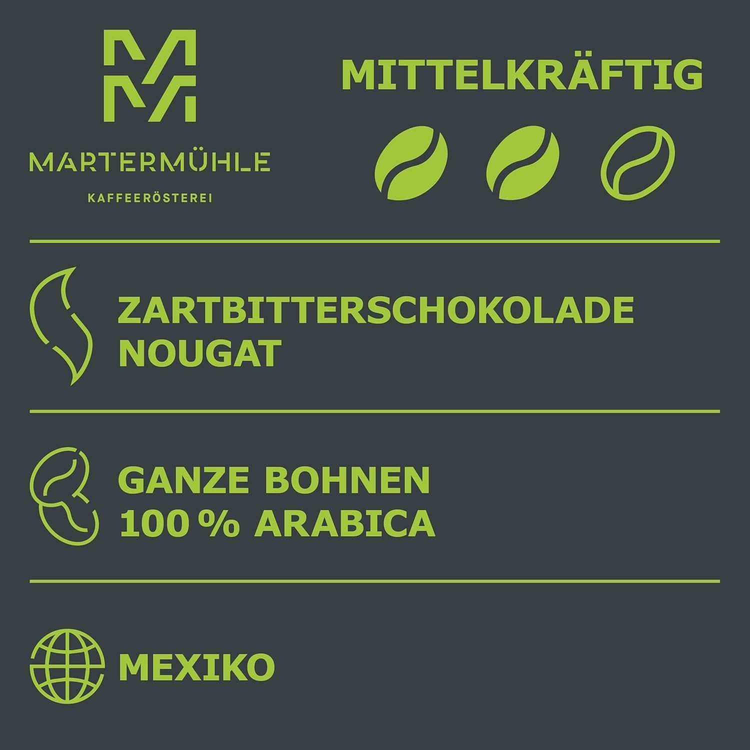 Martermühle Mexiko Bio Espressobohnen entkoffeiniert 1kg mittelkräftig I Arabica I Smak: Nougat, Zartbitterschokolade I Ganze Bio Espresso-Bohnen schonend geröstet, säurearm