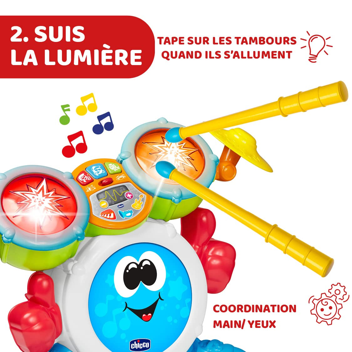 Chicco 00009820100000 Mi första trumset med ljus och ljud, 3 spellägen Musikinstrument med batteri för barn, flerfärgad, stor Jucarii Bebe Naty Shop