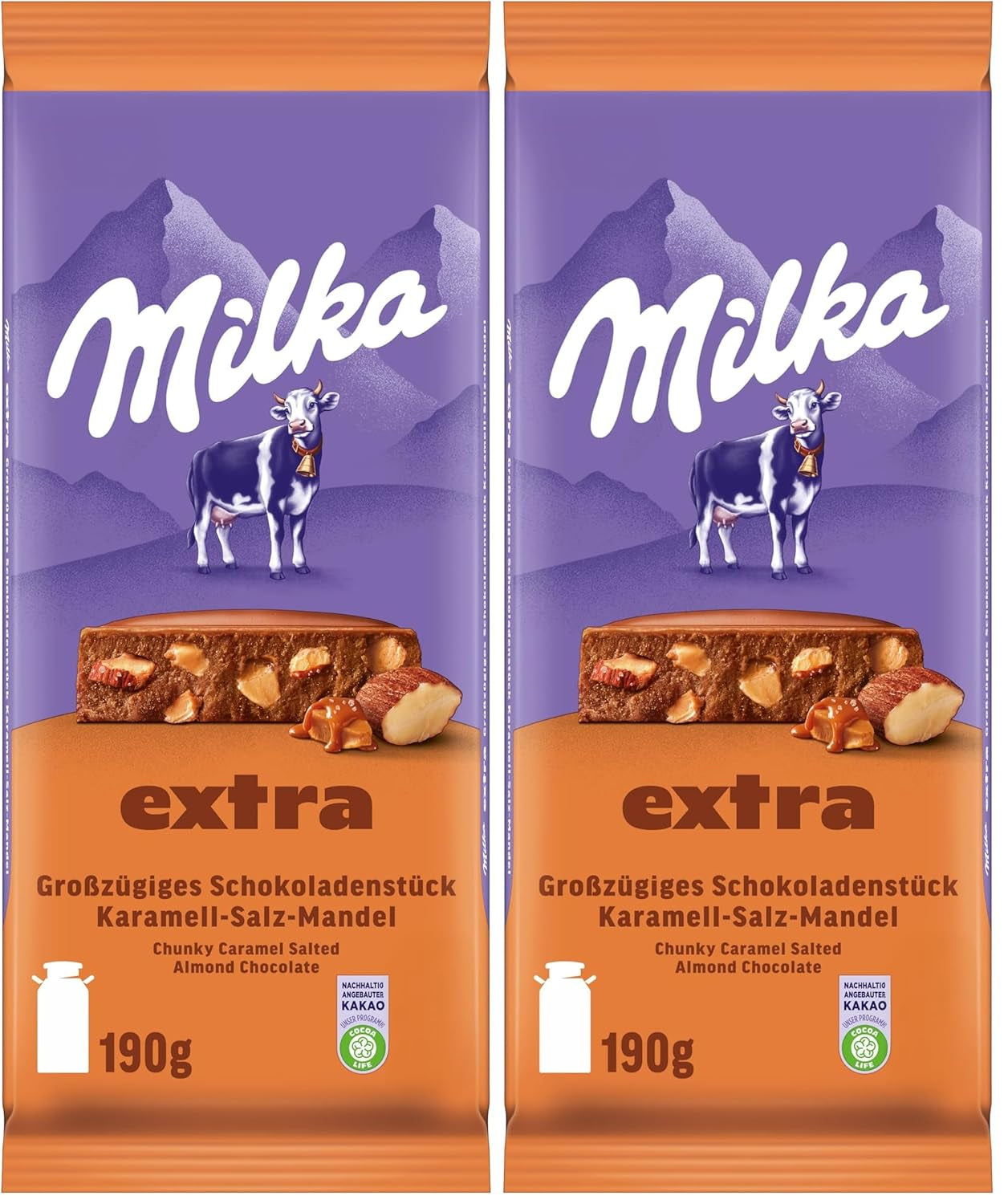 Milka Extra Caramel Salt Mandel - Alpin mjölkchoklad med bitar av kola, mandel och en nypa salt - 190g