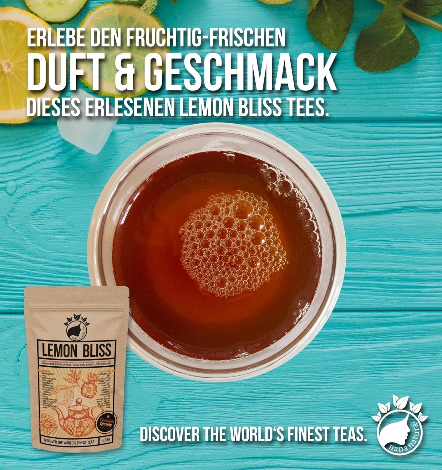 Nananatura'S Original LEMON BLISS TEA 85G | Fruktigt och uppfriskande sommarörte | Som kallt te, iste eller klassiskt varmt | Med blommor, löv och solmogna bär | Inget socker