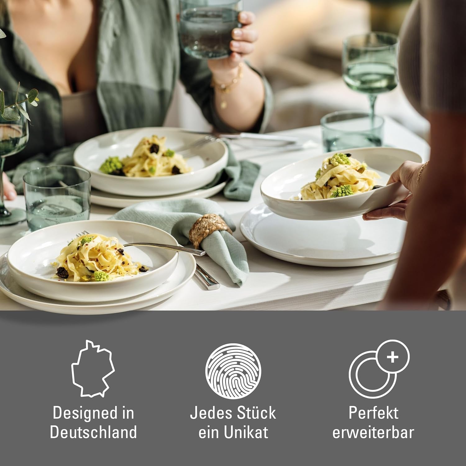 som. av Villeroy & Boch – Crafted Cotton Dinner-Set 4 teilig Weiß, Spülmaschinenfest, Mikrowellensicher, Geschirrset, Tafelservice Modern, Speiseteller, Tiefe Teller, Pottery-Look, Premium Porzellan