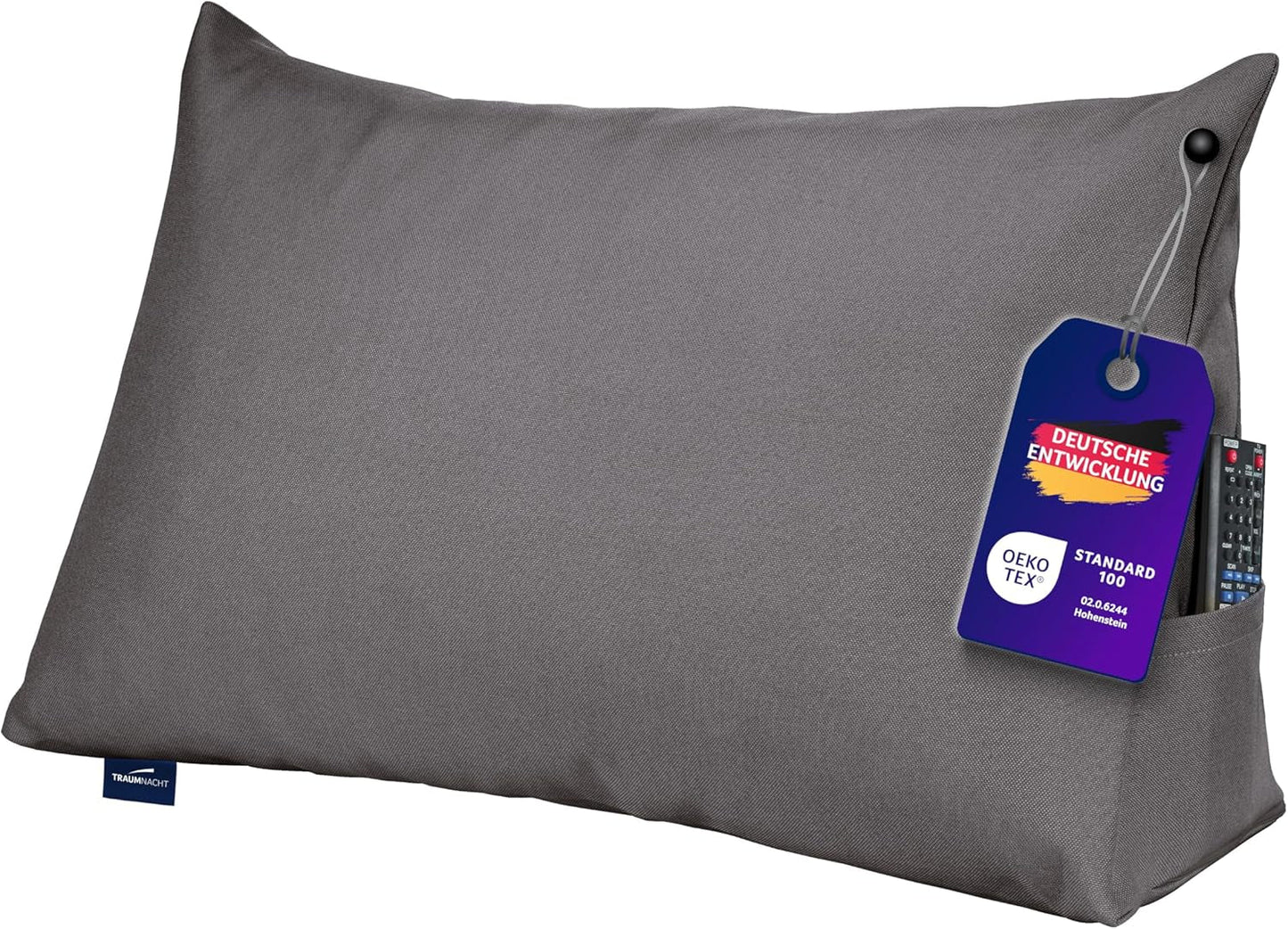Läskudde Traumnacht Mysig Ryggkudde, 70 x 40 cm mörkgrå, avtagbart och tvättbart överdrag av 100 % polyester, praktisk sidficka, Oeko-Tex certifierad, tillverkad enligt tyska kvalitetsstandarder