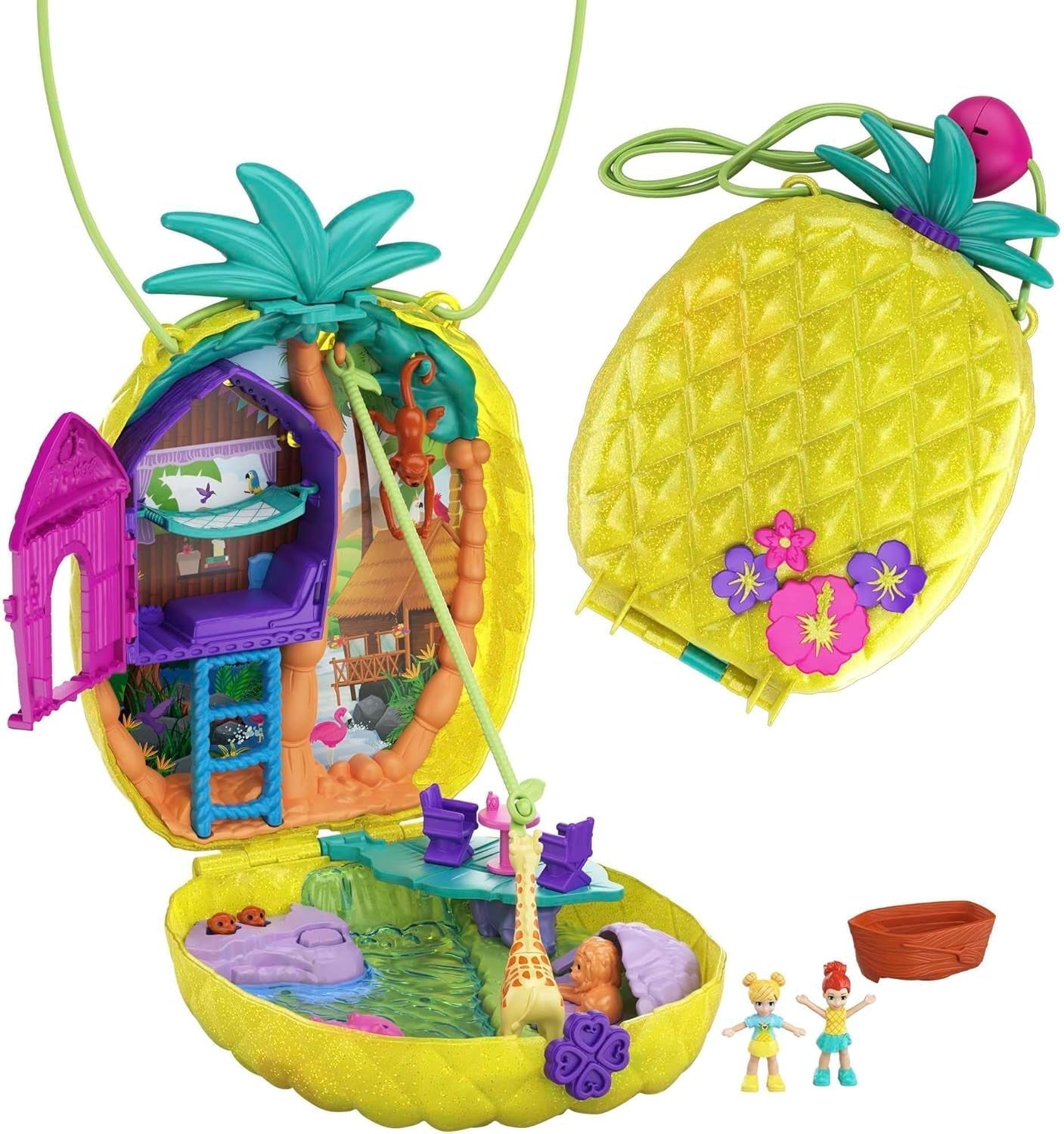 Polly Pocket GKJ64 - Portabel Pineapple Pocket Box med 8 roliga funktioner, Polly och Purple dockor, 2 tillbehör och klistermärke; leksak för barn från 4 år och uppåt Naty Shop Dolls Pineapple-påse