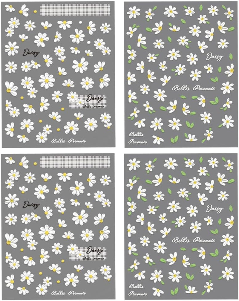 5D-präglade vita prästkragar Nagelklistermärken Blommor Nagelklistermärken Blommor Självhäftande folieklistermärken Nagelkonstklistermärken Tusenskönor Nageldekoration Tillbehör Blomdesignklistermärken Nagelkonst