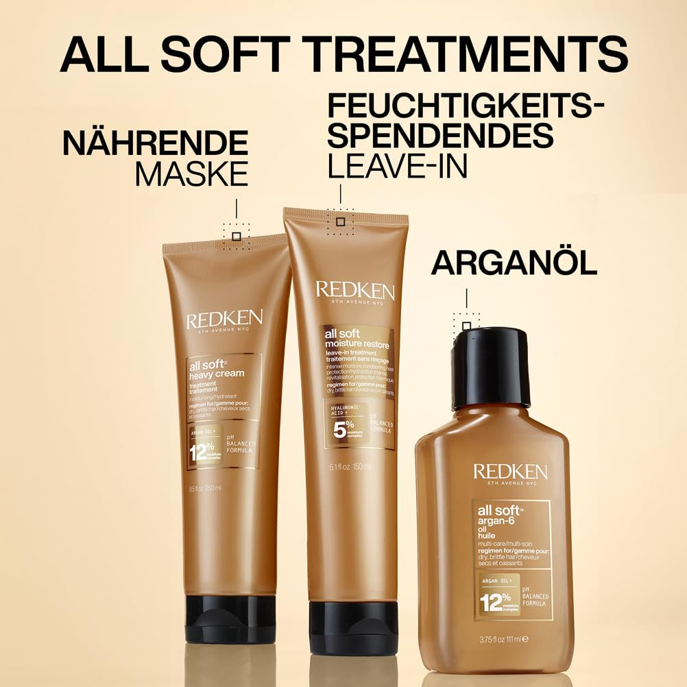Redken hårmask med hyaluronsyra för torrt hår, anti-frizz och värmeskydd upp till 230°C, All Soft Moisture Restore Leave-In Mask, 1 x 150 ml Naty Shop Hair Mask