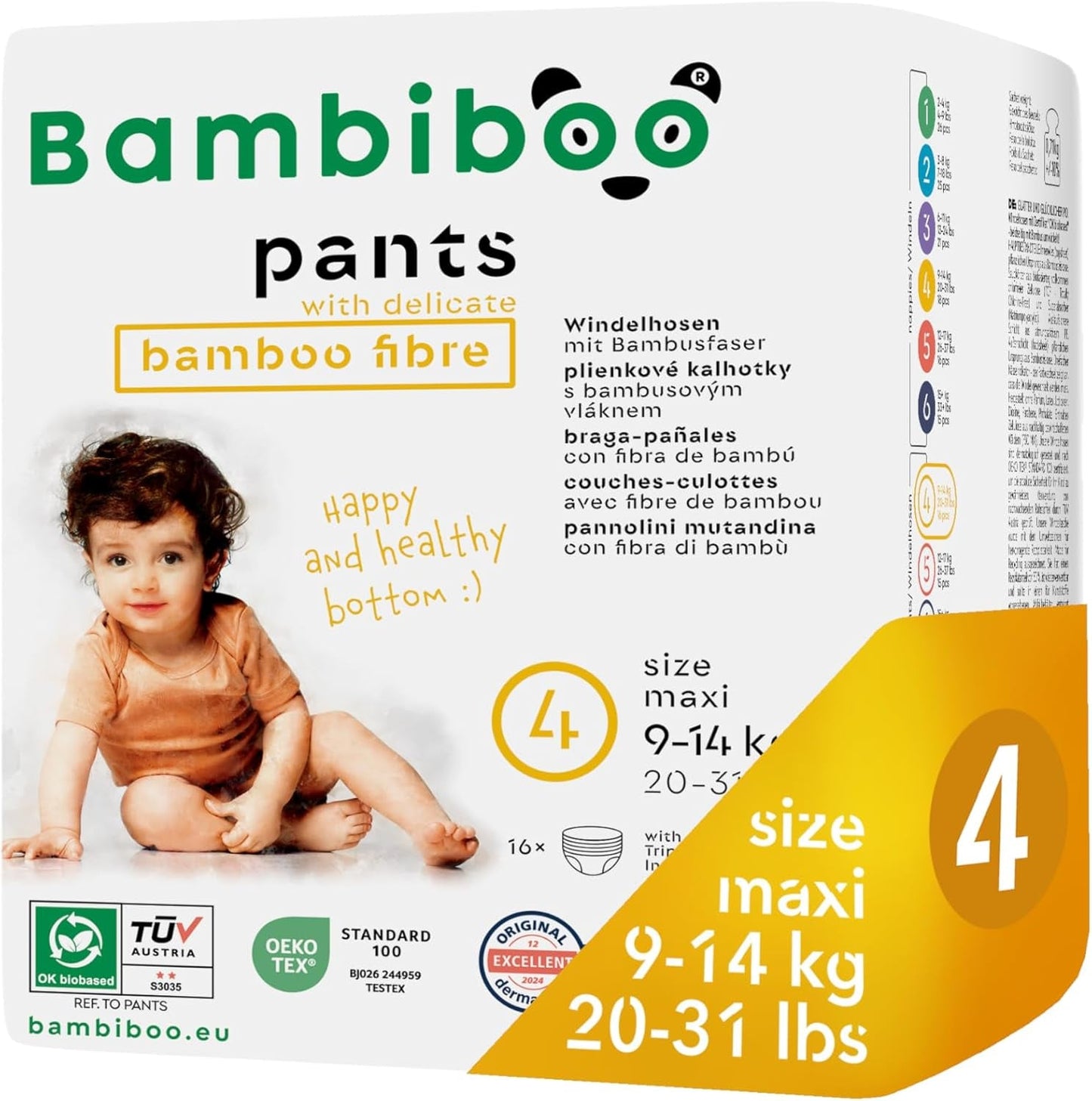 Bambiboo engångsblöjor, hudvänliga, fina bambufiber - Babyblöjtrosor - Engångsblöjöverdrag - Känsligt hudskydd - Mycket absorberande - Storlek 4 (Maxi), 16 stycken
