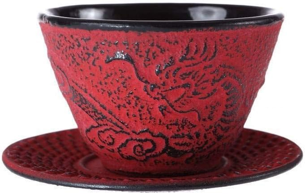 – Kinesiskt Dragon Tea Set – 1 tekanna, 4 gjutjärnskoppar och tesil – Kapacitet 0,8L – Japansk asiatisk dekor – Presentidé för japansk servis – Färg Röd