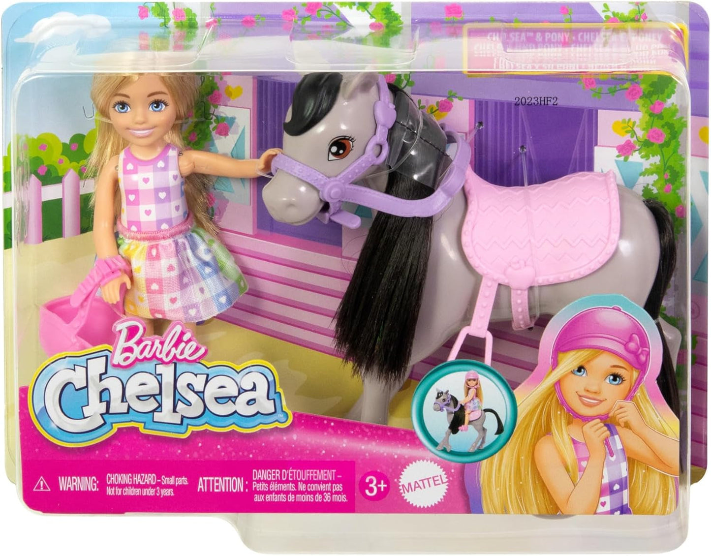 Chelsea and Ponies Barbie Doll - Spänn upp för lek och ridning säkert, rosa sadel och steg, inkluderar hjälm och söt rutig klänning, från 3 år och uppåt, HTK29