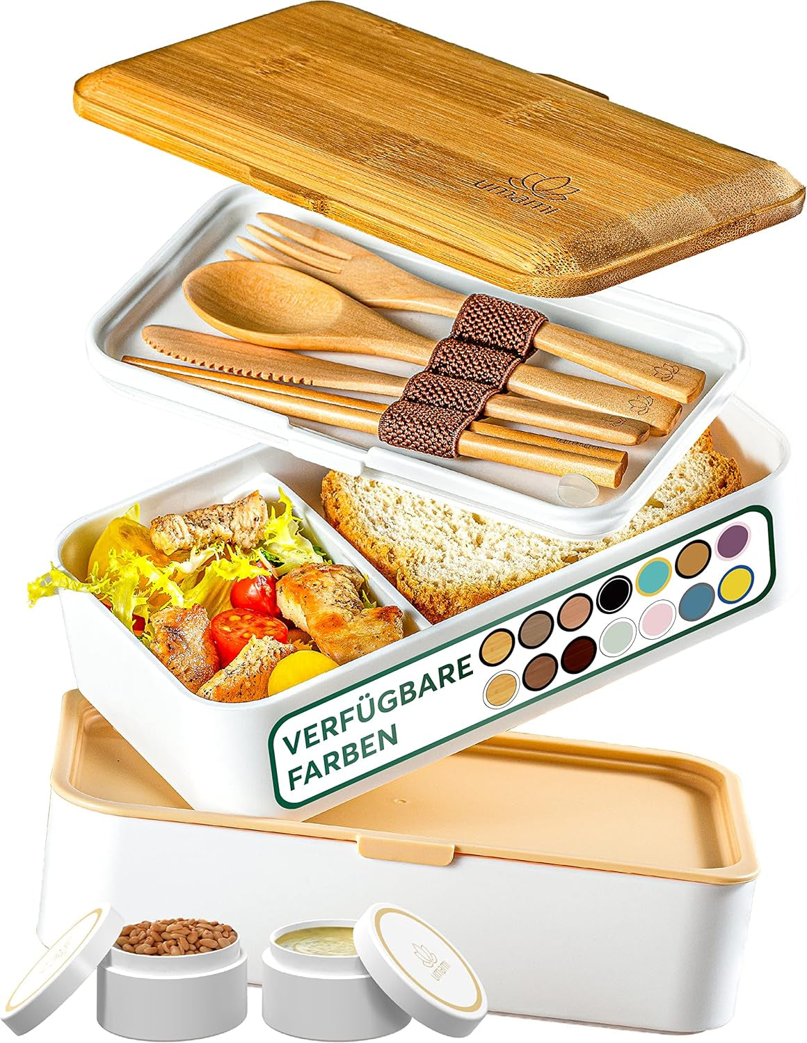 Umami Lunchbox för vuxna, läckagesäker stapelbar Bento-låda med 4 bestick och fack, Vuxen Lunchbox, To-Go-salladsbehållare, Picknick-/kontorslunchlåda, kolgrå, 1500 ml