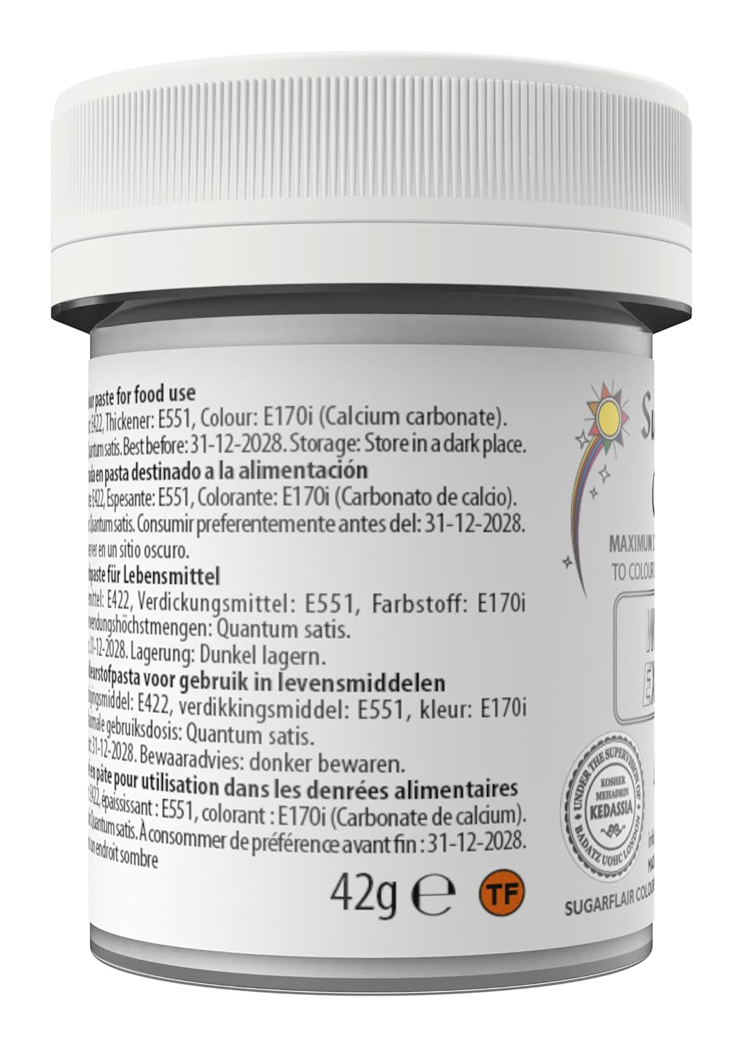 Matfärg Sugarflair Max Concentrated White Extra, högkoncentrerad karamellfärg för marsipan och fondant, pastafärgning Max Concentrate - 42 g