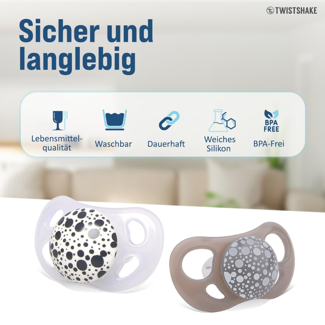 Twistshake babynappar – förpackning om 2 | Ortodontisk form | Ultralätt | Mjuk silikonnapp | BPA-fri | Lämplig för bebisar från 6 månader | Grå-vit