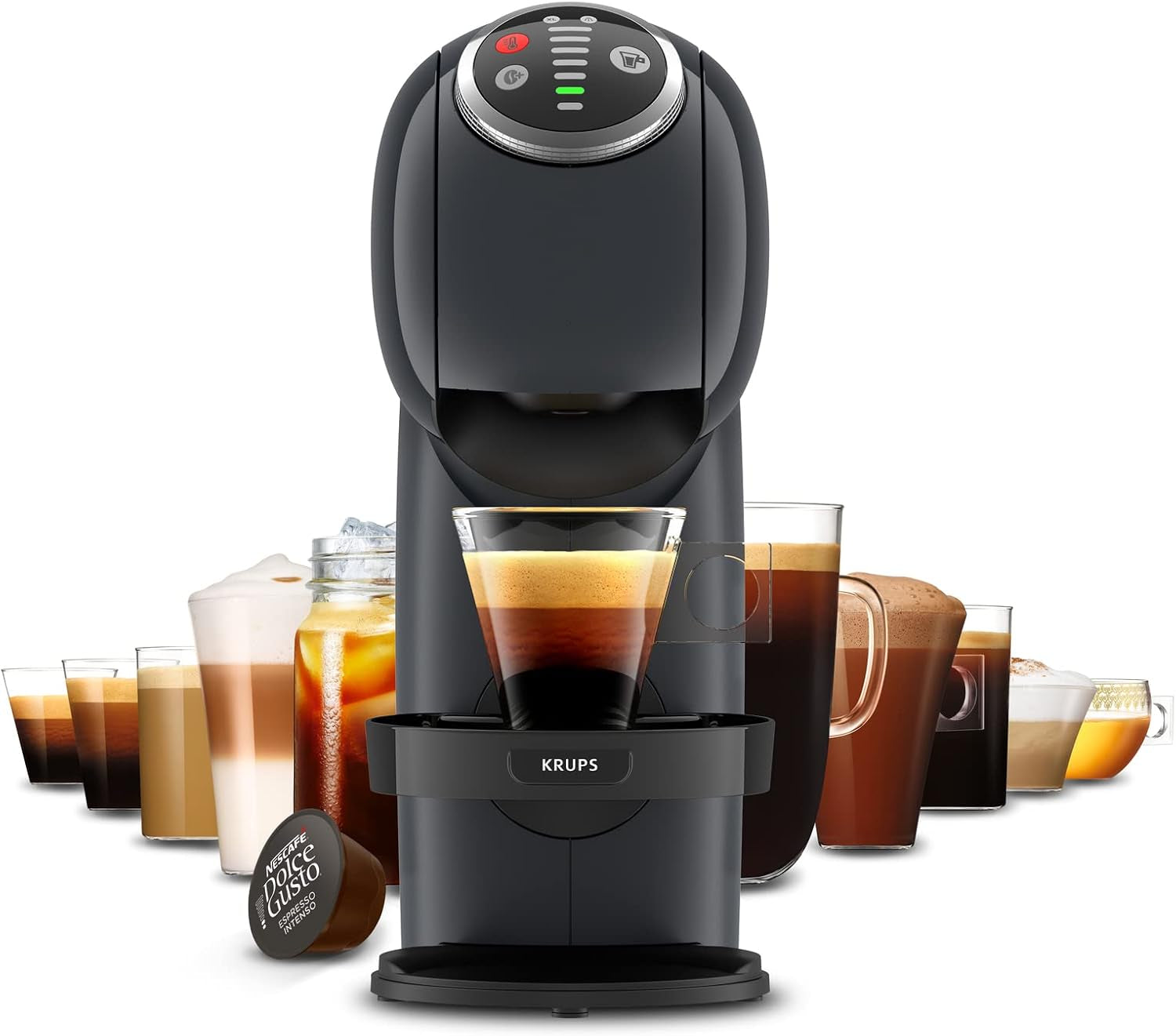 NESCAFÉ Dolce Gusto Genio S Plus från Krups, kompakt kapselkaffemaskin, kapacitet 0,8 liter, 1500 watt, automatisk avkalkningsvarning, space grey, KP340B