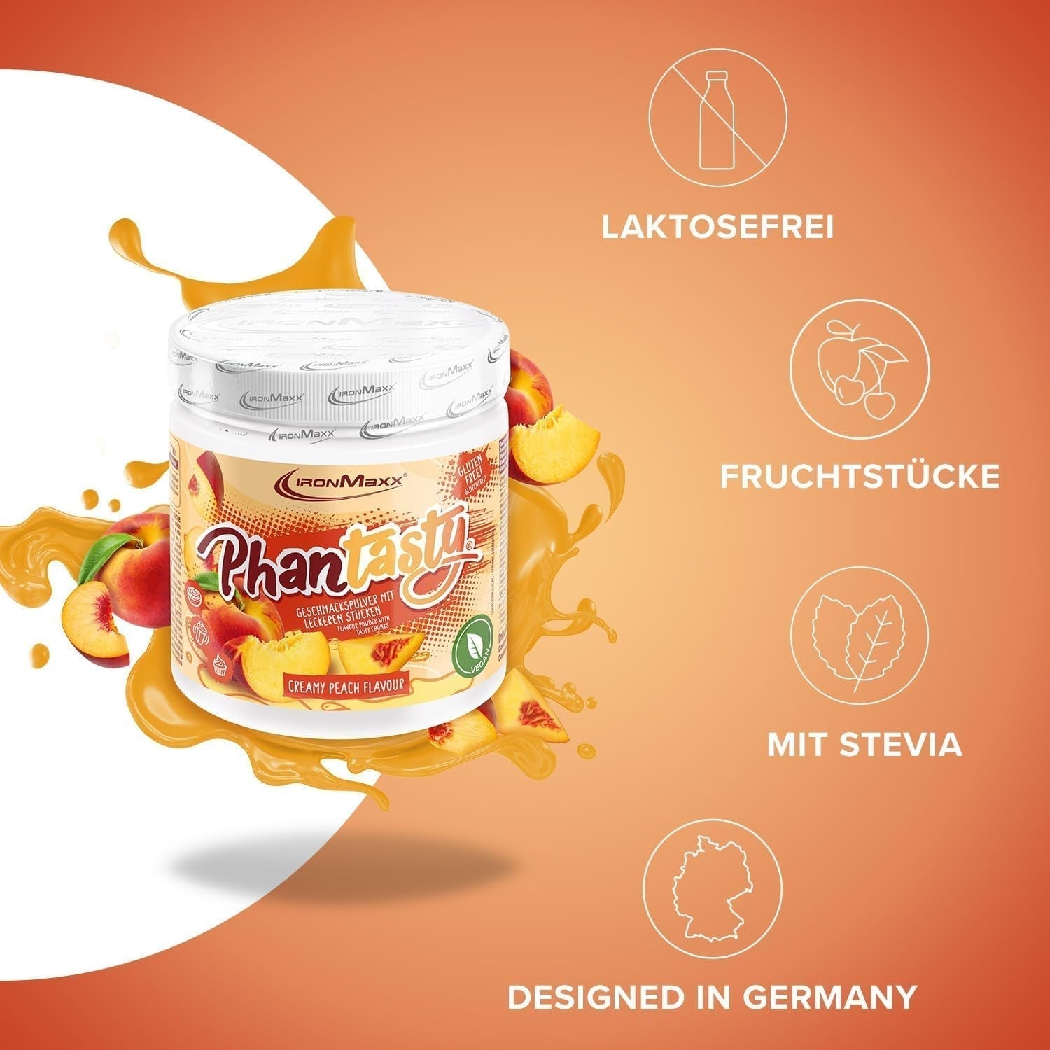 Ironmaxx Phantasty - Creamy Peach 250G Dos | Vegan Geschmackspulver Mit Echten Frucht- Oder Nussstückchen | Perfekter Zuckerersatz Sweeteners Naty Shop