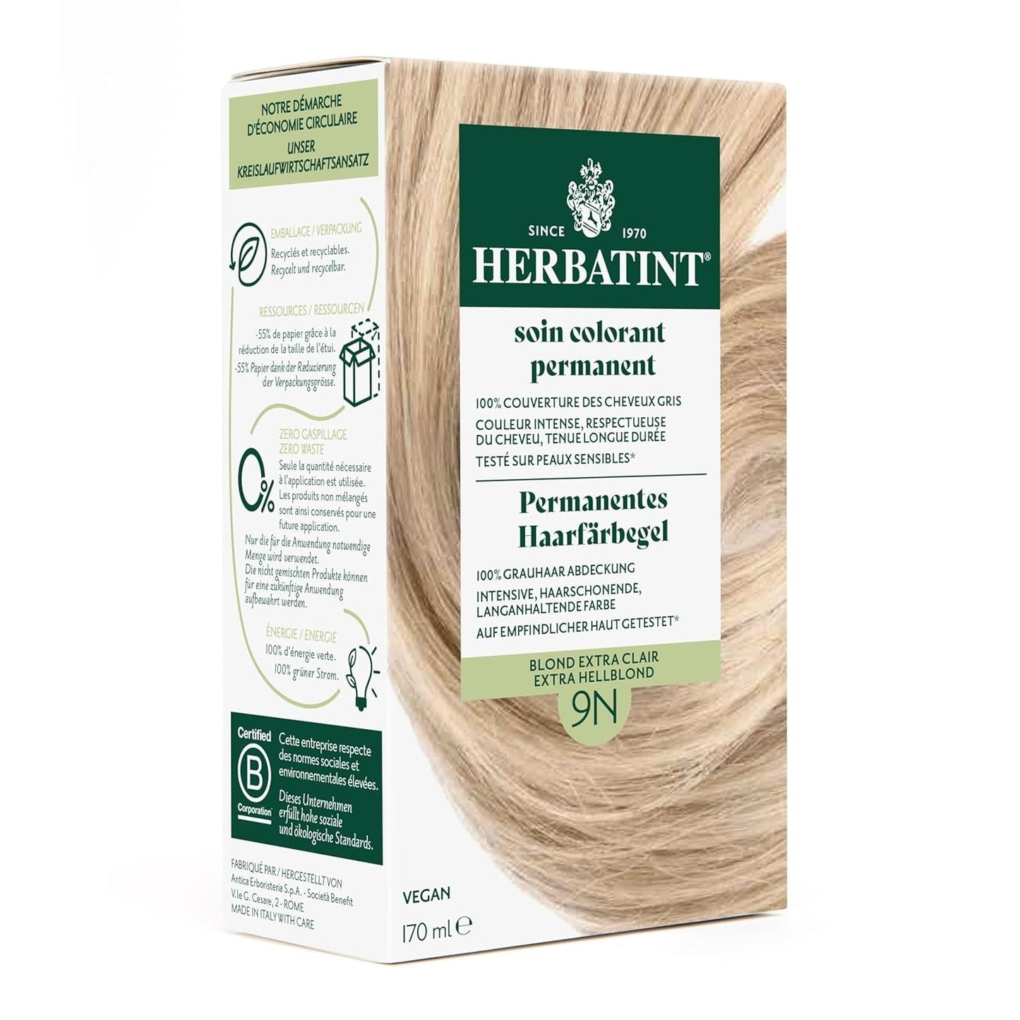 Permanent hårfärgsgel 6N mörkblond - 170 ml I ammoniakfri, 100 % grå hårtäckning Jag testade på känslig hud, med 8 växtextrakt Naty Shop Hårfärgning 9N Mycket ljusblond