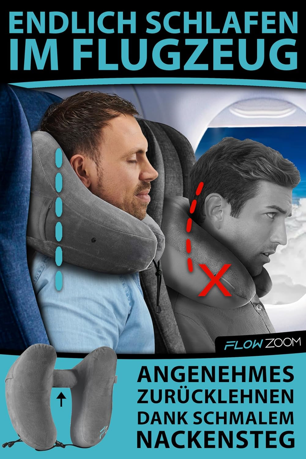 FLOWZOOM AIR Uppblåsbar nackkudde med huva - Flygplans nackkudde - Resekudde - Snabbuppblåsbar rese-nackkudde - Flygplanskudde - Resekudde - Nackkudde för vuxna (grå) Cervikala ortopediska kuddar Naty Shop