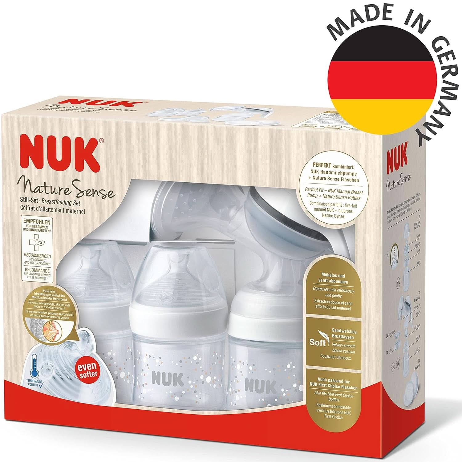 NUK Nature Sense manuell bröstpump | Amningsset med manuell bröstpump, flaskor och amningsskydd Ultra Dry Comfort | 6 st Babymat och amningstillbehör Naty Shop