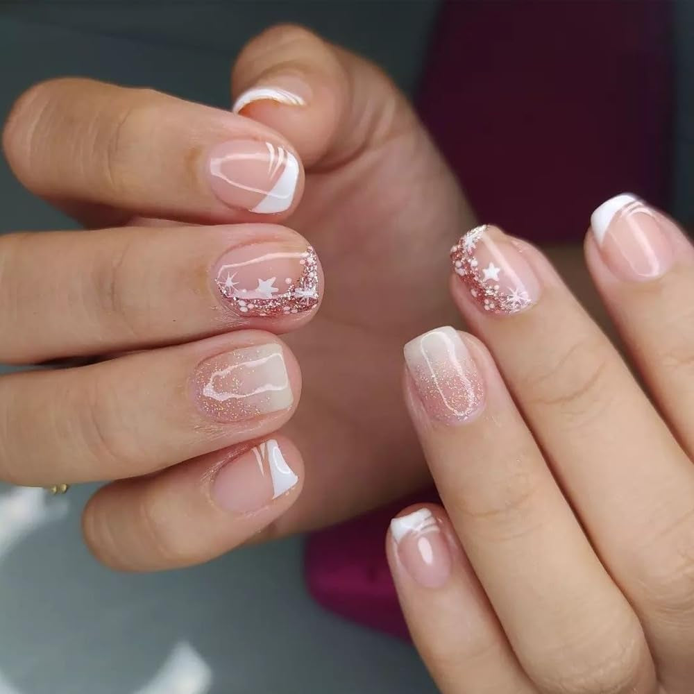 Självhäftande lösnaglar set - franska lösnaglar - 24 delar Kort fyrkantig design Vit Rosa Gradient Konstgjorda Naglar Ballerina Manikyr (Kort Rosa Gradient)