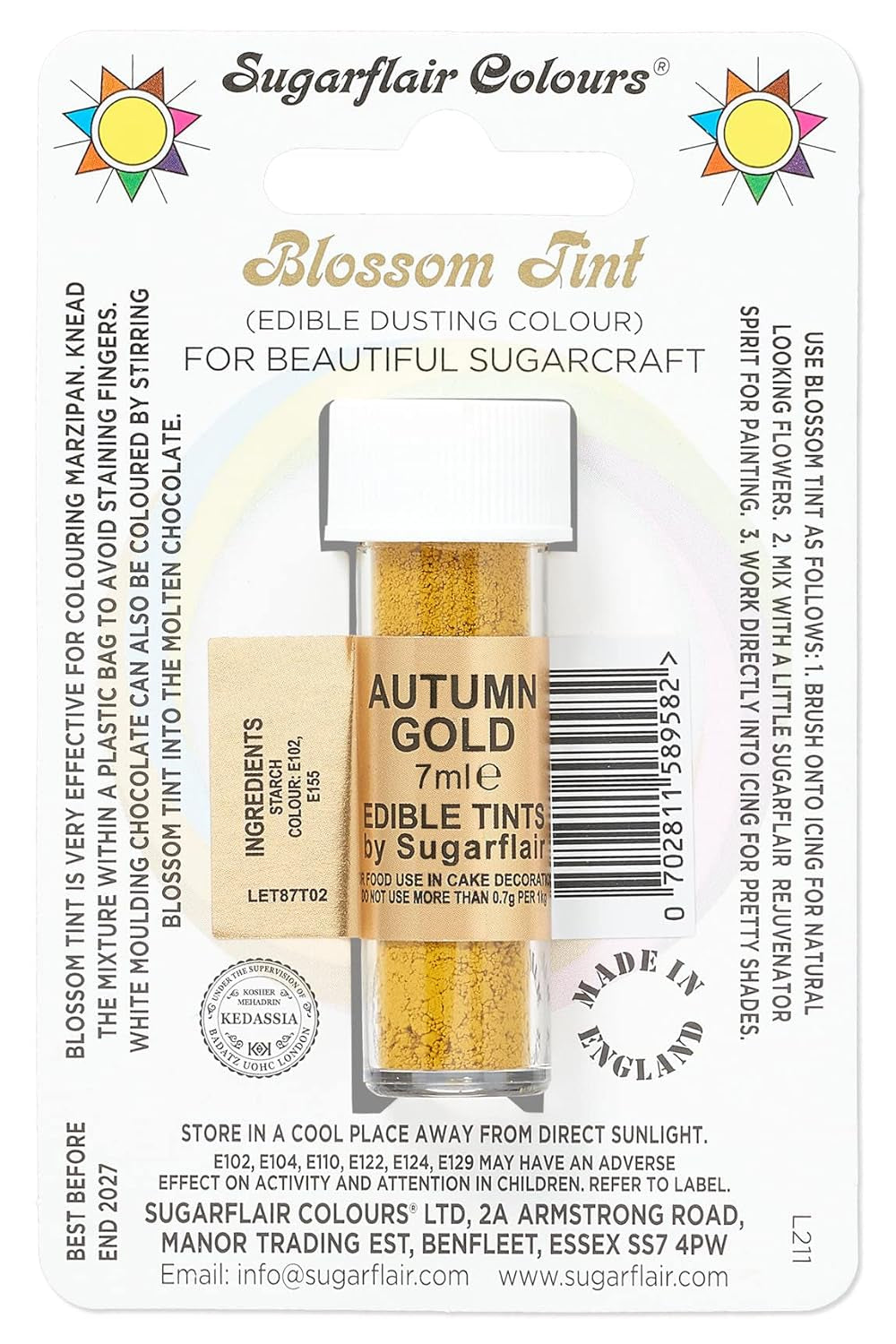 Sugarflair Blossom Tint Dust Matfärgningspulver Autumn Gold - Matfärgningspulver för dekorationer Färgad sockerpasta, fondant, glasyr, choklad, smörkräm, macarons - 7 ml