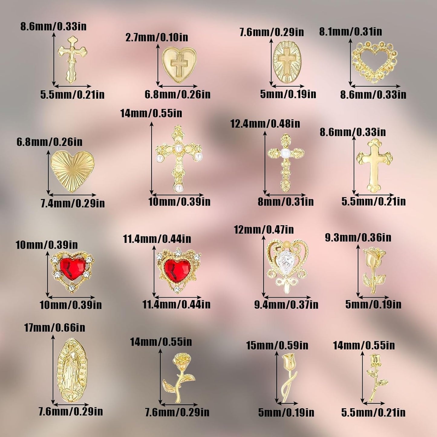 Guld Nail Charms 80st Cross Rose Heart Virgin Mary Nail Gems Metalllegering Nageltillbehör för manikyr Designdekorationer DIY-hantverk