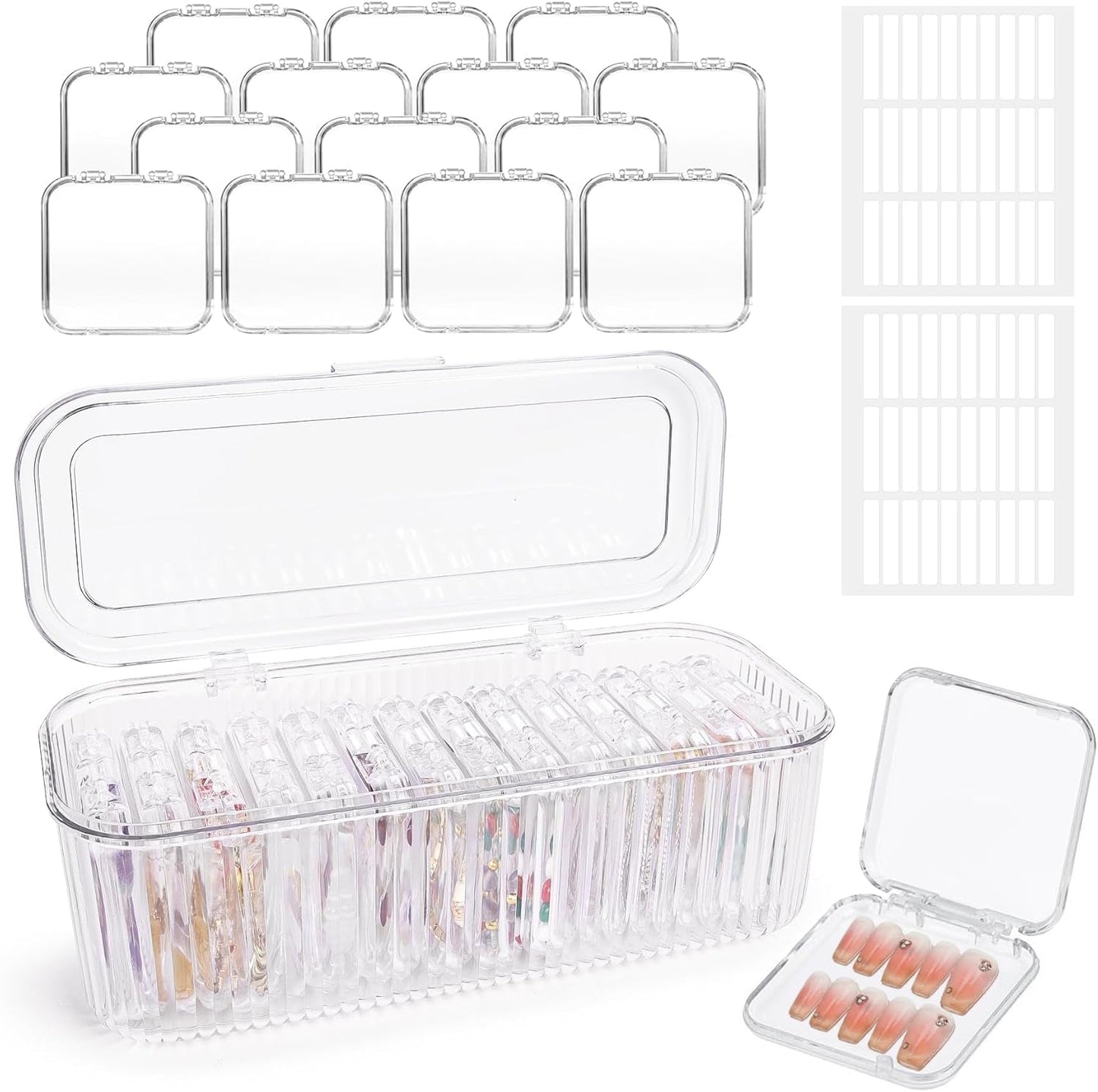 INMORVEN Nail Storage Box Set - 14 genomskinliga spiklådor + 1 stor ask och 60 självhäftande skivor - Idealisk för förvaring av lösnaglar, gelnageltillbehör och nagellack (14 stycken i ett lager)