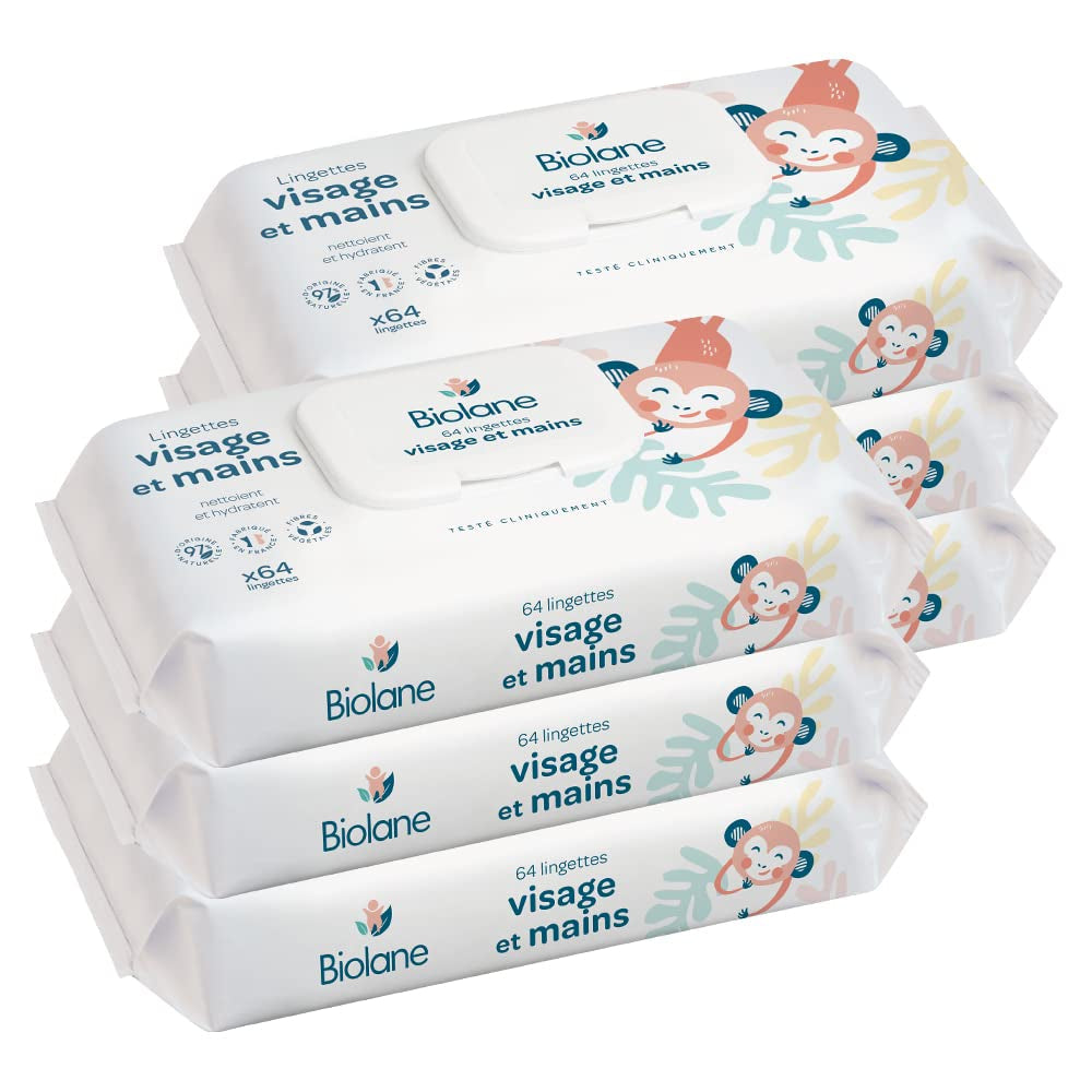 BIOLANE - Babyvåtservetter för ansikte och händer - Paket med 6 - 384 våtservetter (6 x 64 cm) - Rengör och skyddar - Toalettartiklar - Allergivänligt - För känslig hud - 97 % naturliga ingredienser - Tillverkad